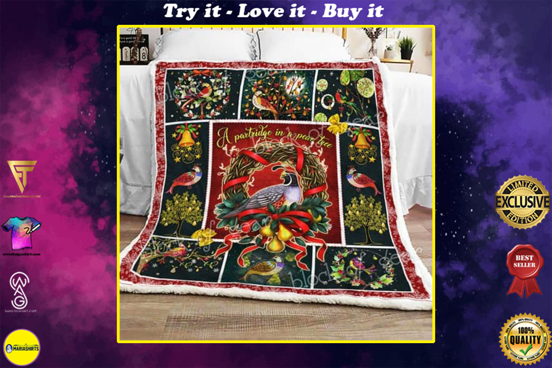 christmas time a partridge in a pear tree all over printed blanket