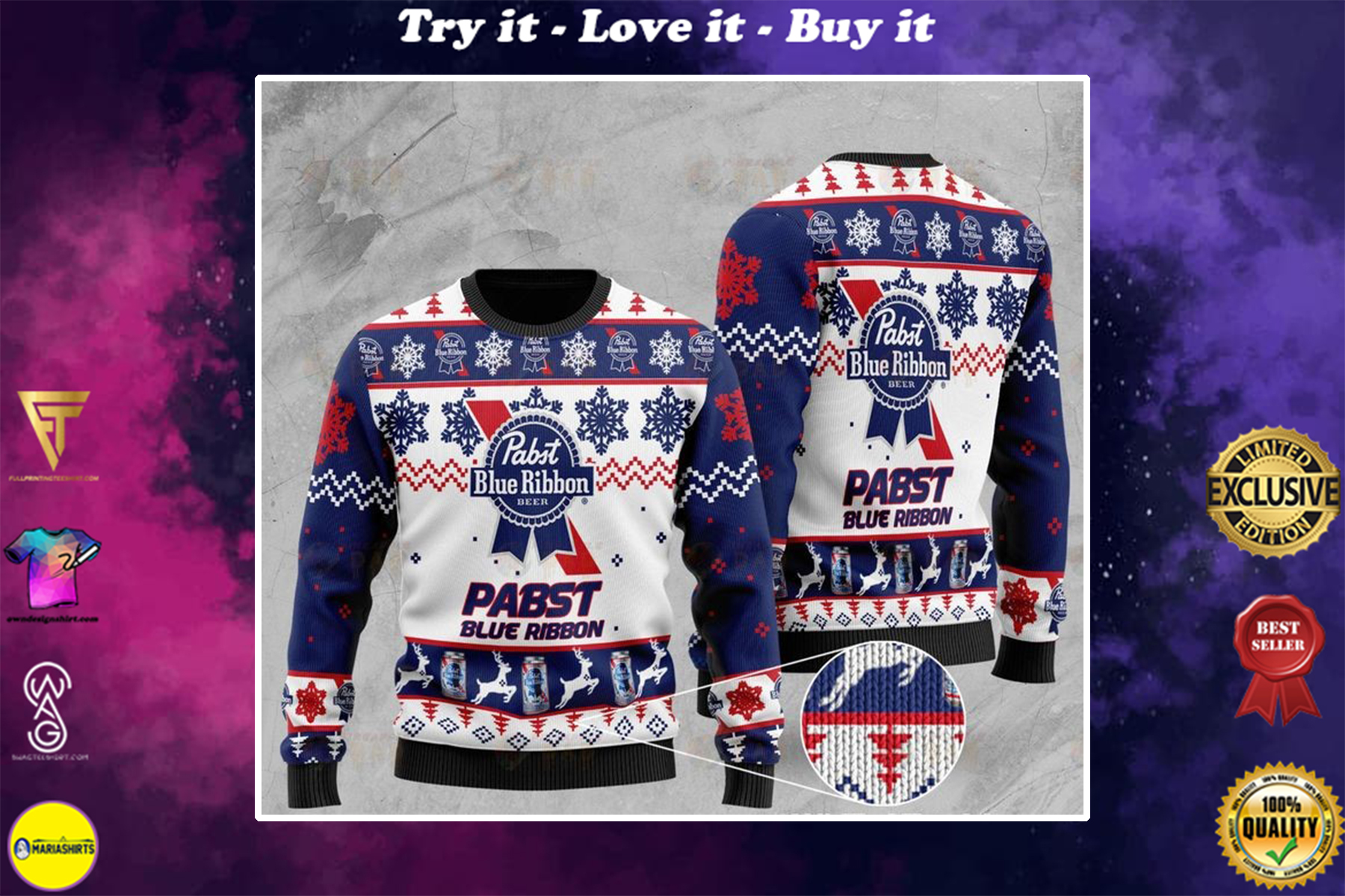 pabst blue ribbon all over printed ugly christmas sweater
