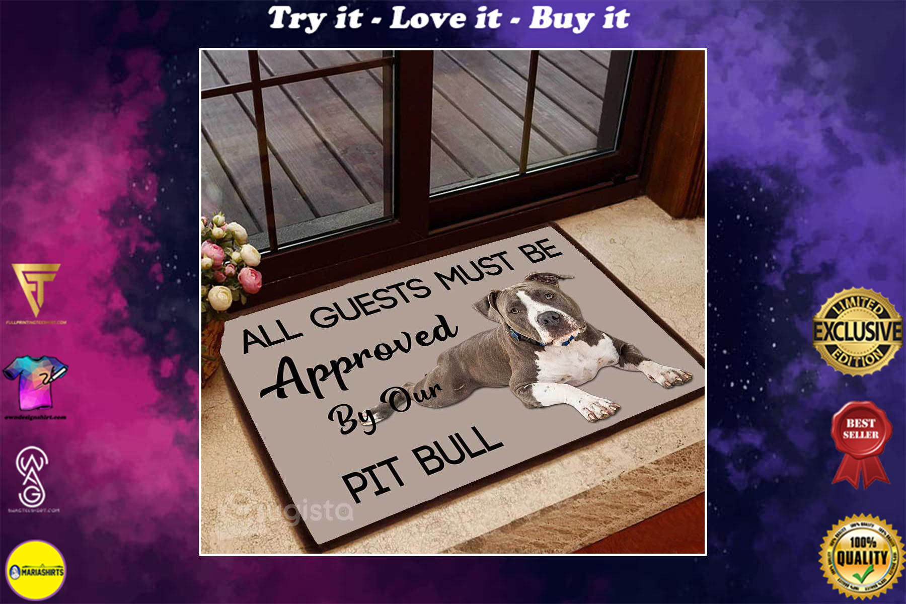 [special edition] all guests must be approved by our pit bull lying down doormat – maria