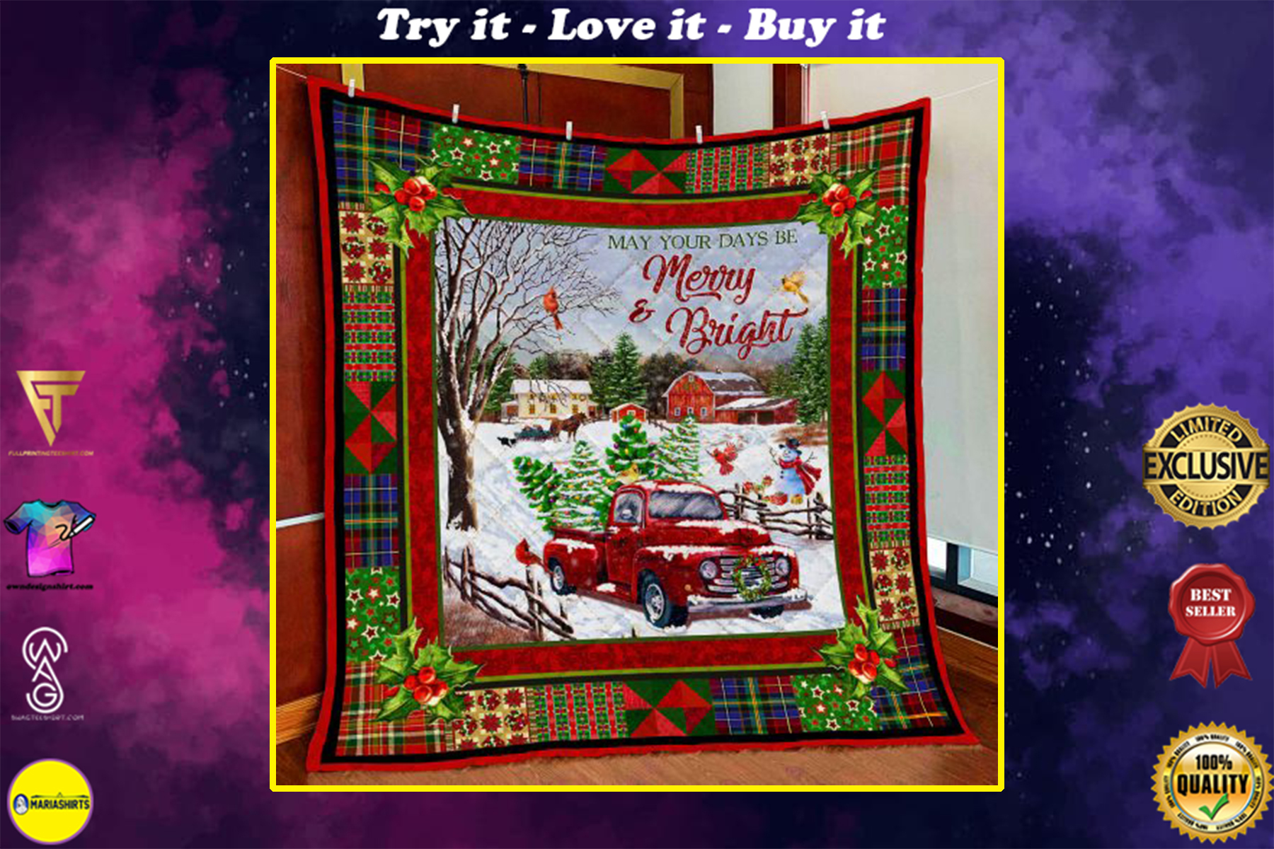 christmas red truck may your days be merry and bright all over print quilt