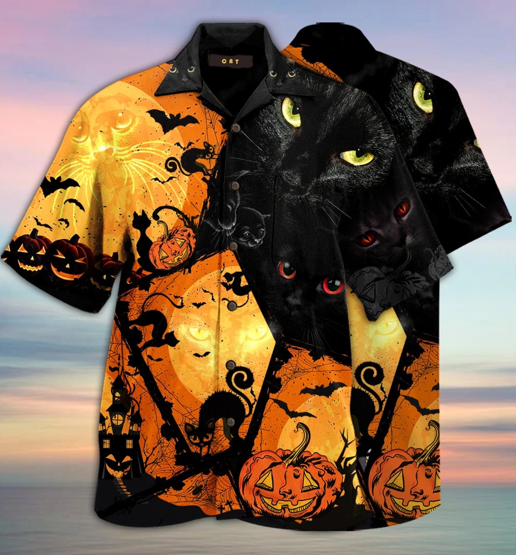 Black cat halloween unisex hawaiian shirt