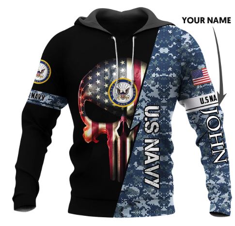 Personalized Custom Name US Armed Force Punisher Skull Hoodie-US Navy