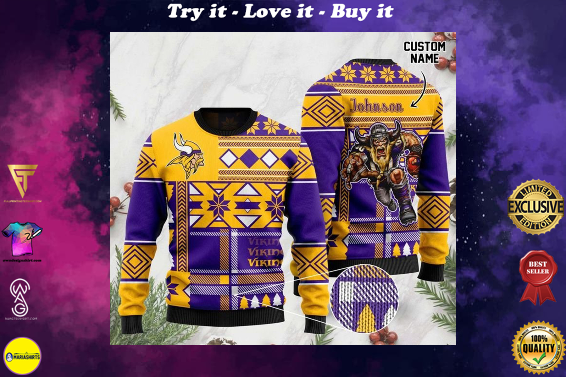 [special edition] custom name minnesota vikings football team christmas ugly sweater – maria