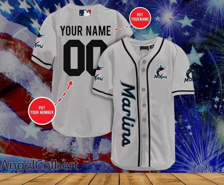 Miami Marlins Personalized Name And Number Baseball Jersey Shirt - Grey