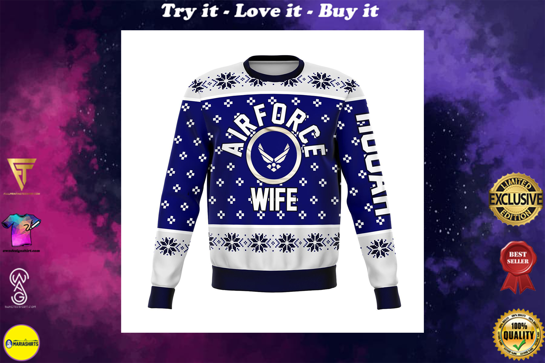 us airforce wife all over printed ugly christmas sweater