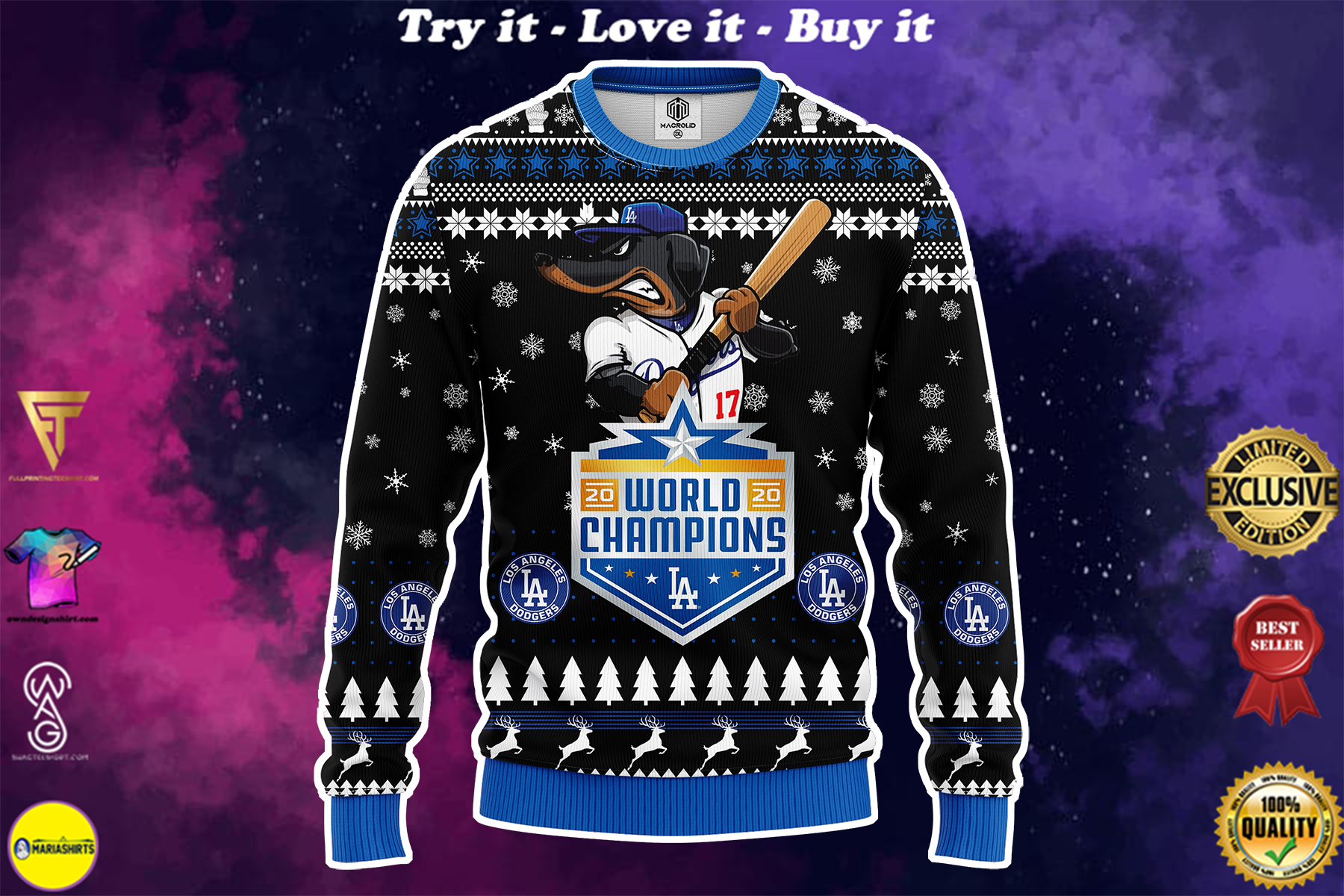 [special edition] los angeles dodgers world champions 2020 all over printed ugly christmas sweater – maria