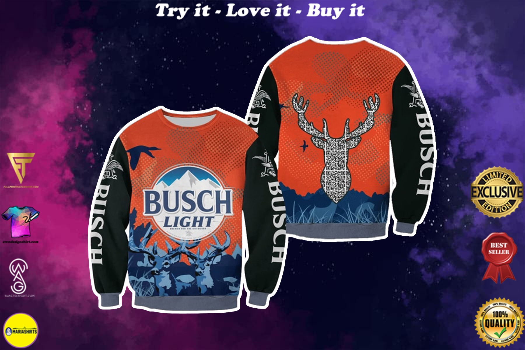 busch light beer deer all over printed ugly christmas sweater