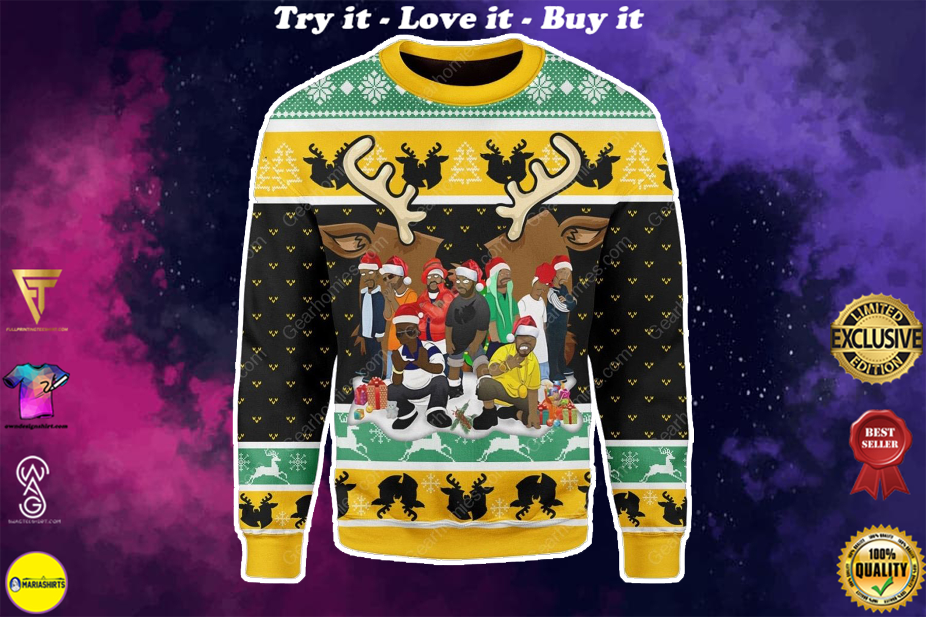 wu-tang clan all over printed ugly christmas sweater