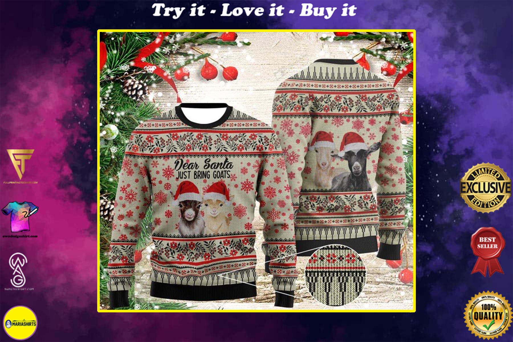 [special edition] christmas time dear santa just bring goats all over printed ugly christmas sweater – maria