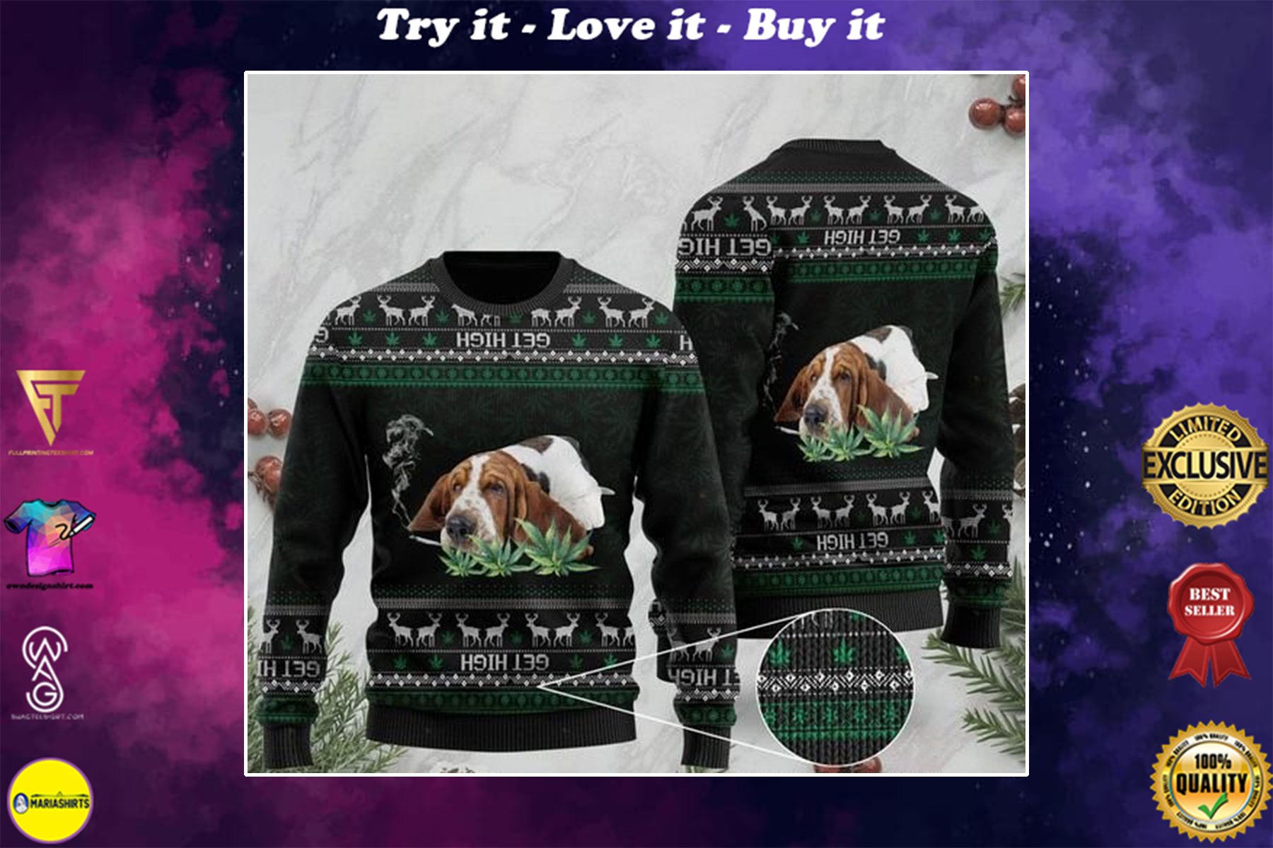 basset hound get high cannabis ugly sweater