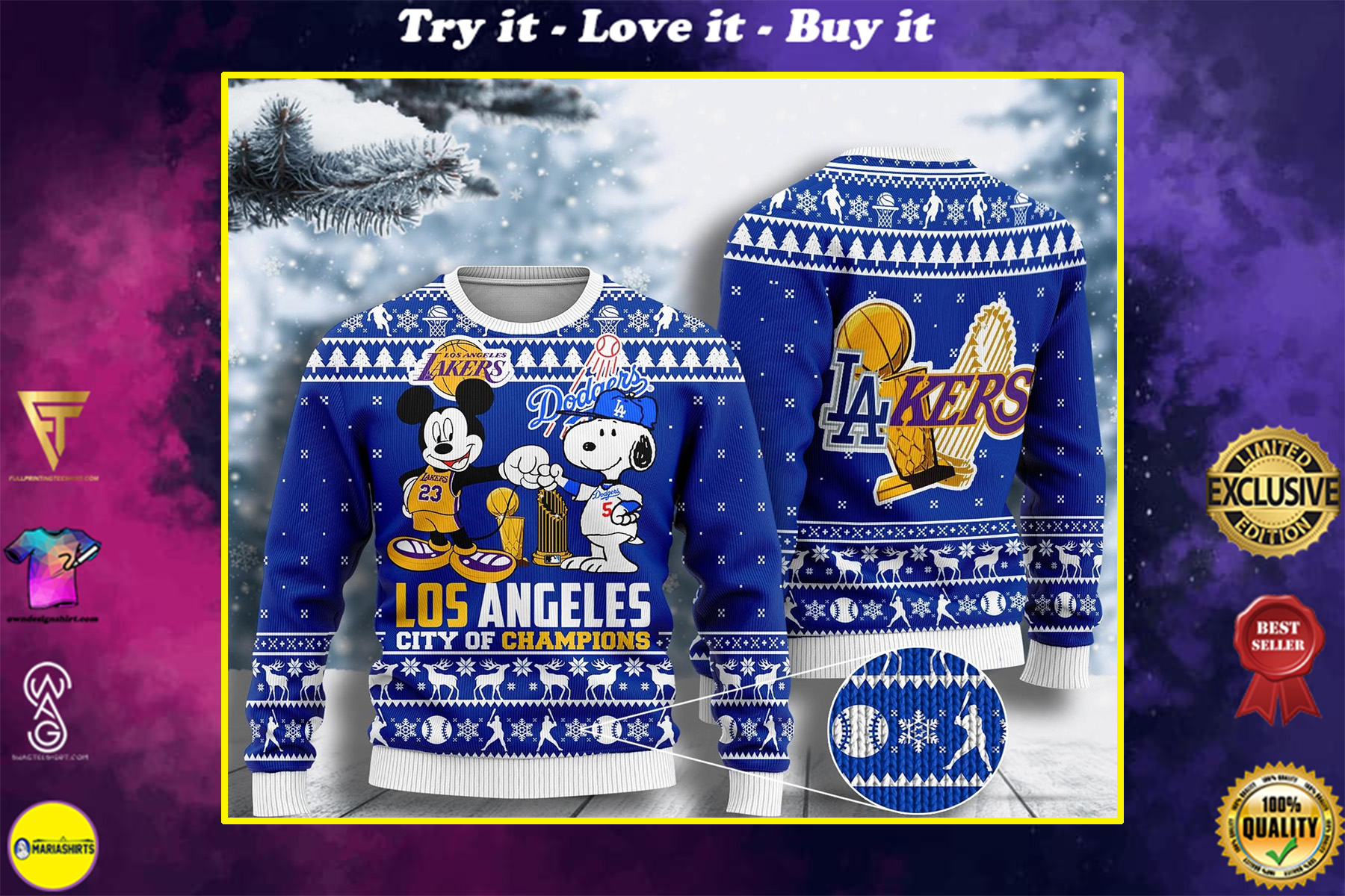 mickey mouse los angeles lakers and snoopy los angeles dodgers ugly christmas sweater