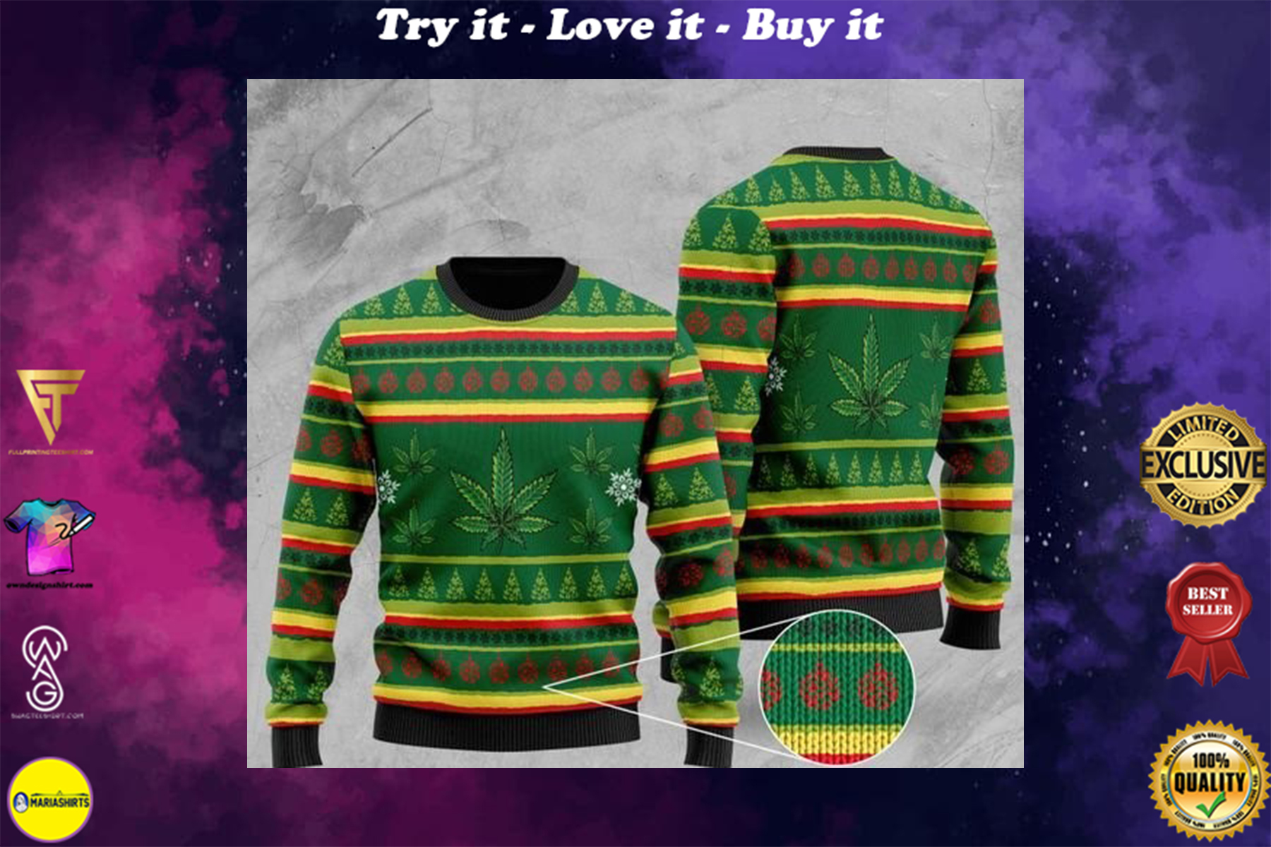 [special edition] cannabis wool all over printed christmas ugly sweater – maria