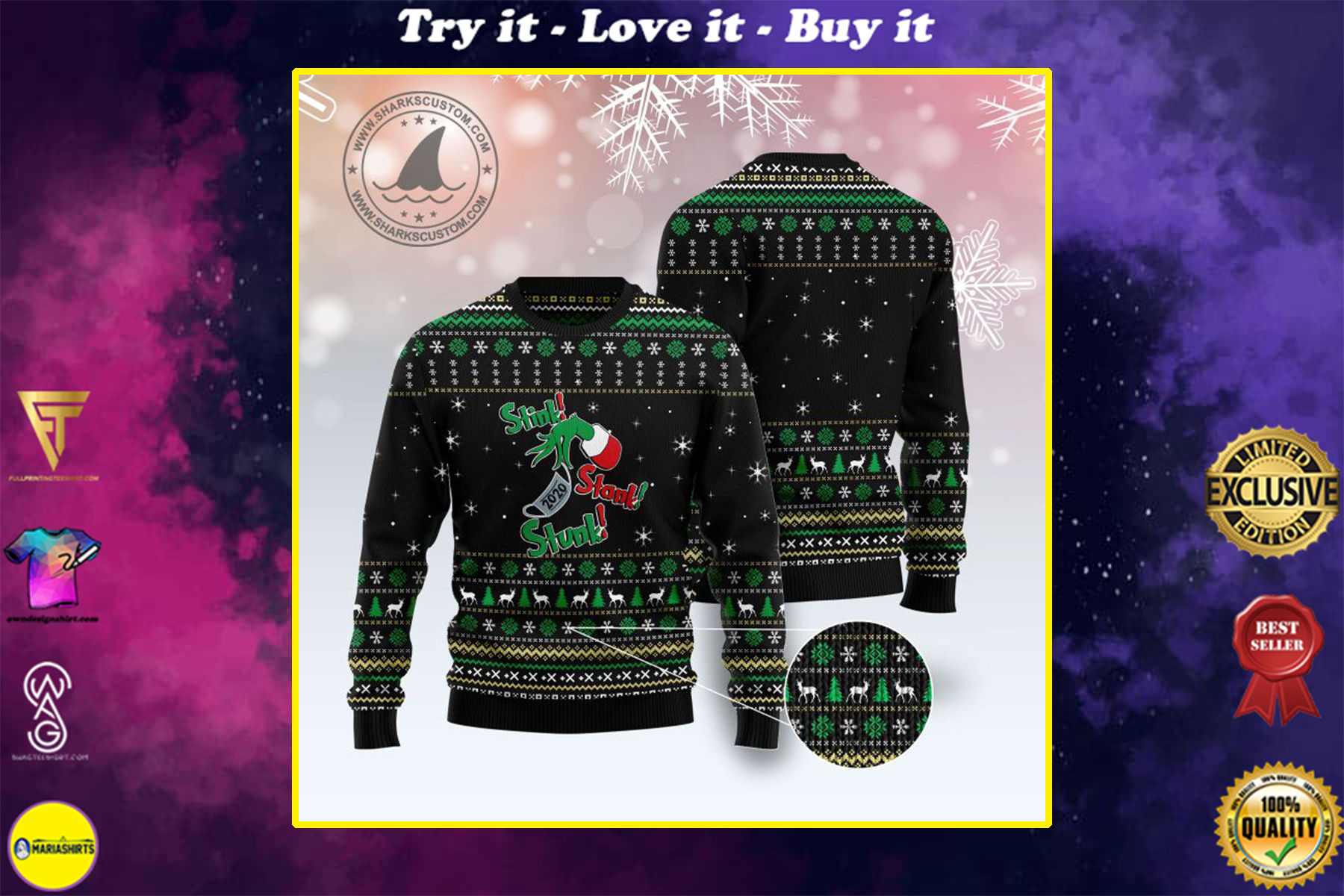 the grinch stink stank stunk all over printed ugly christmas sweater