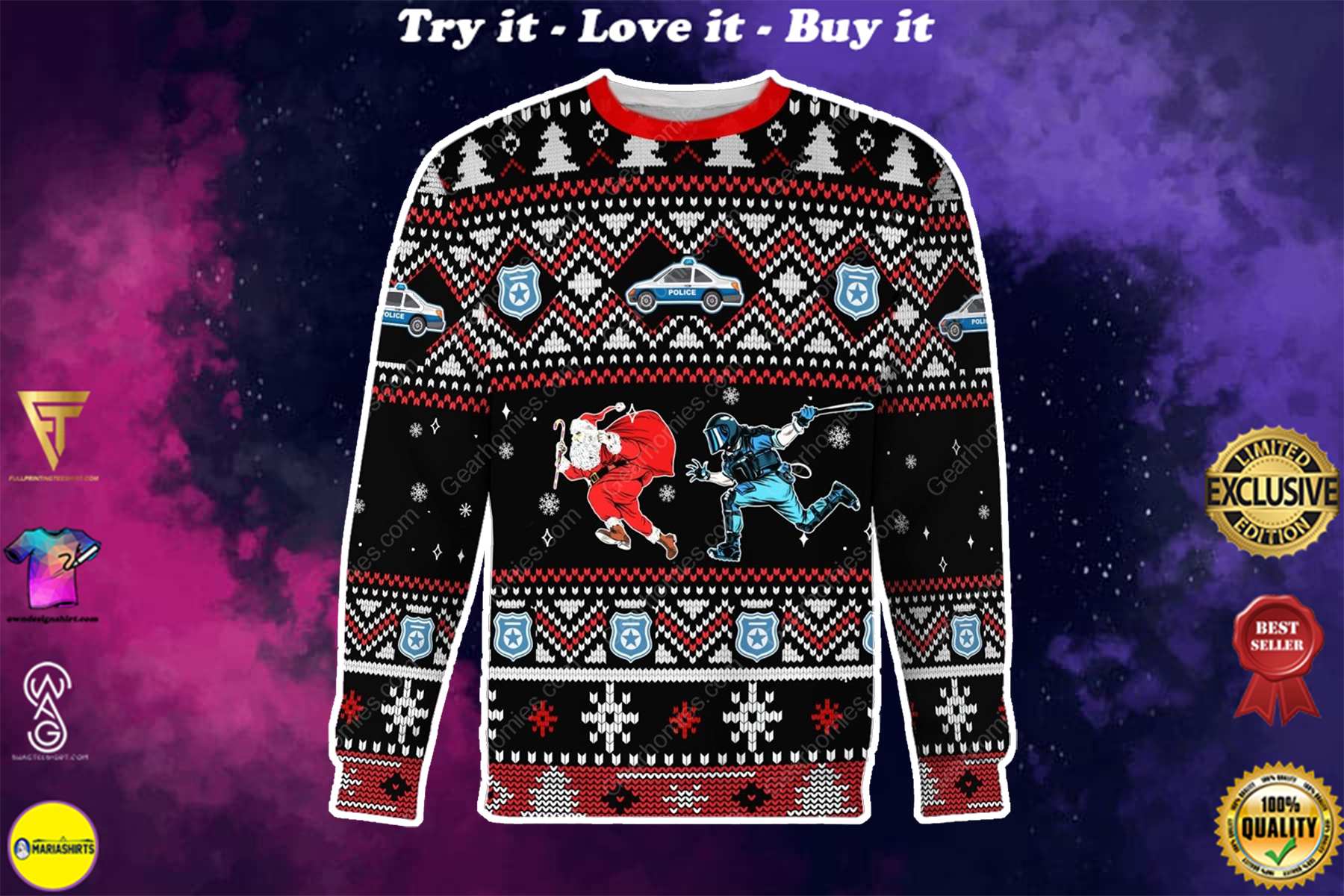 santa claus and riot police all over printed ugly christmas sweater