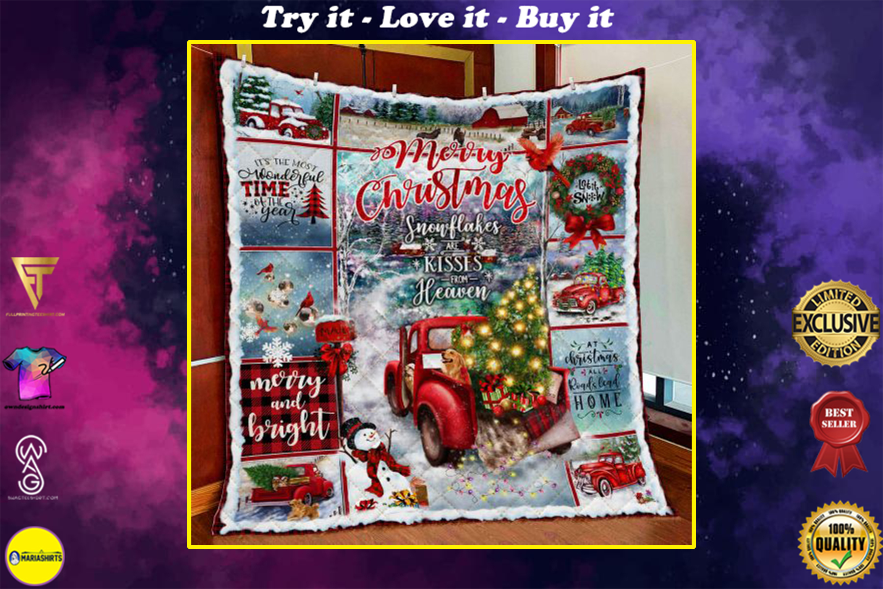 [special edition] red truck merry christmas snowflakes and kisses from heaven blanket – maria