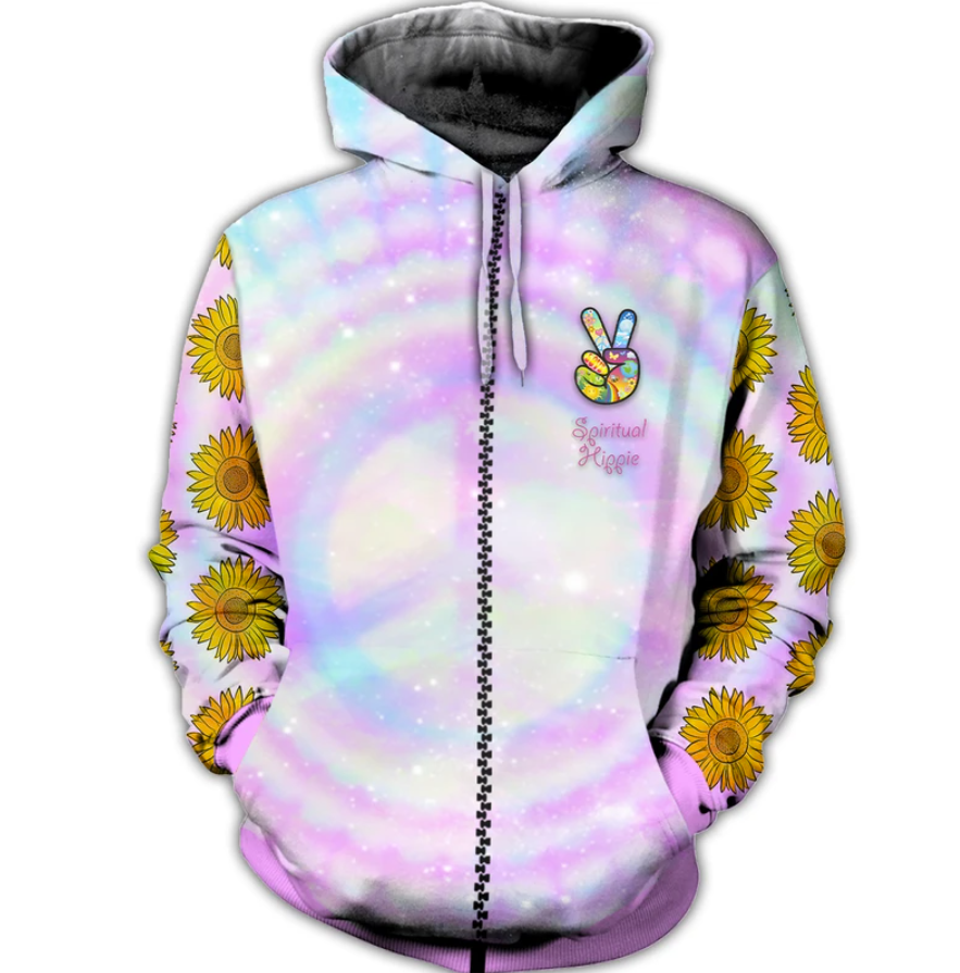 Hippie sunflower imagine all the people living in peace all over printed 3D zip hoodie