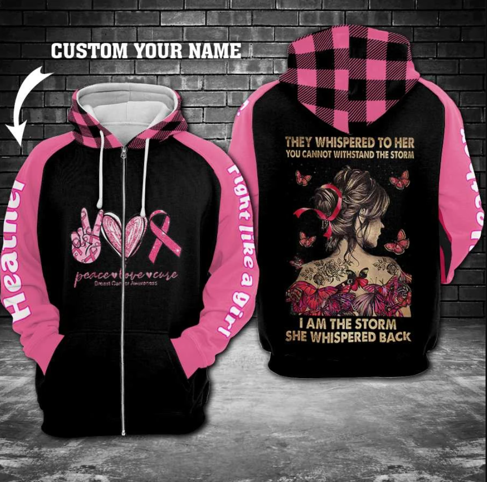 Personalized breast cancer awareness peace love cure all over printed 3D zip hoodie