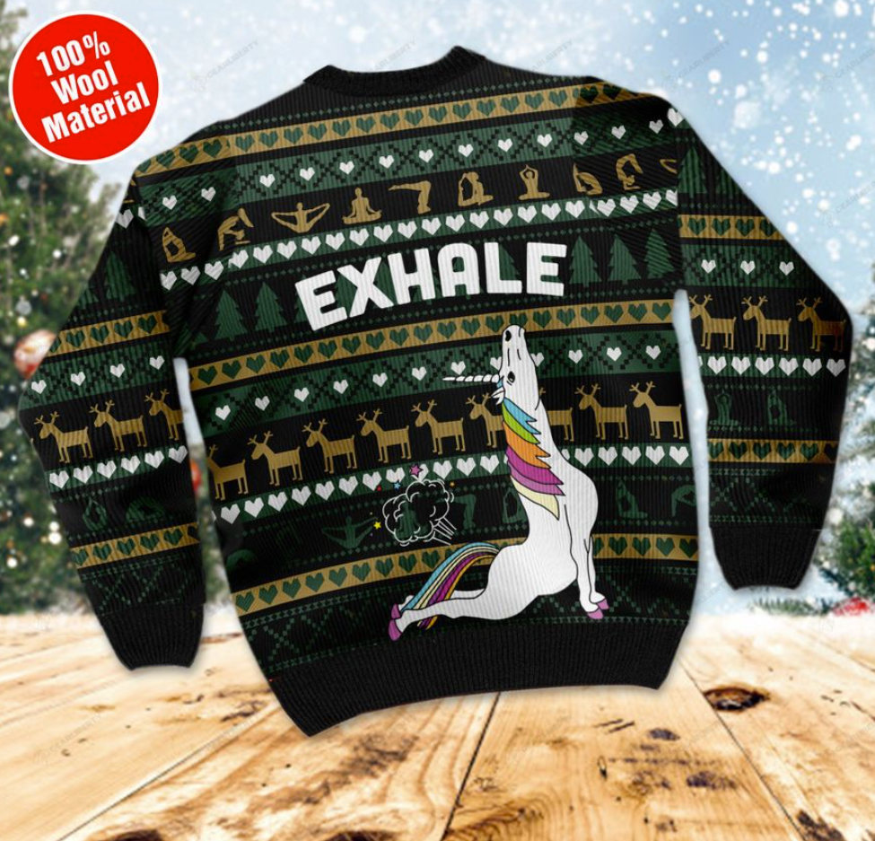 Unicorn yoga exhale ugly sweater 1