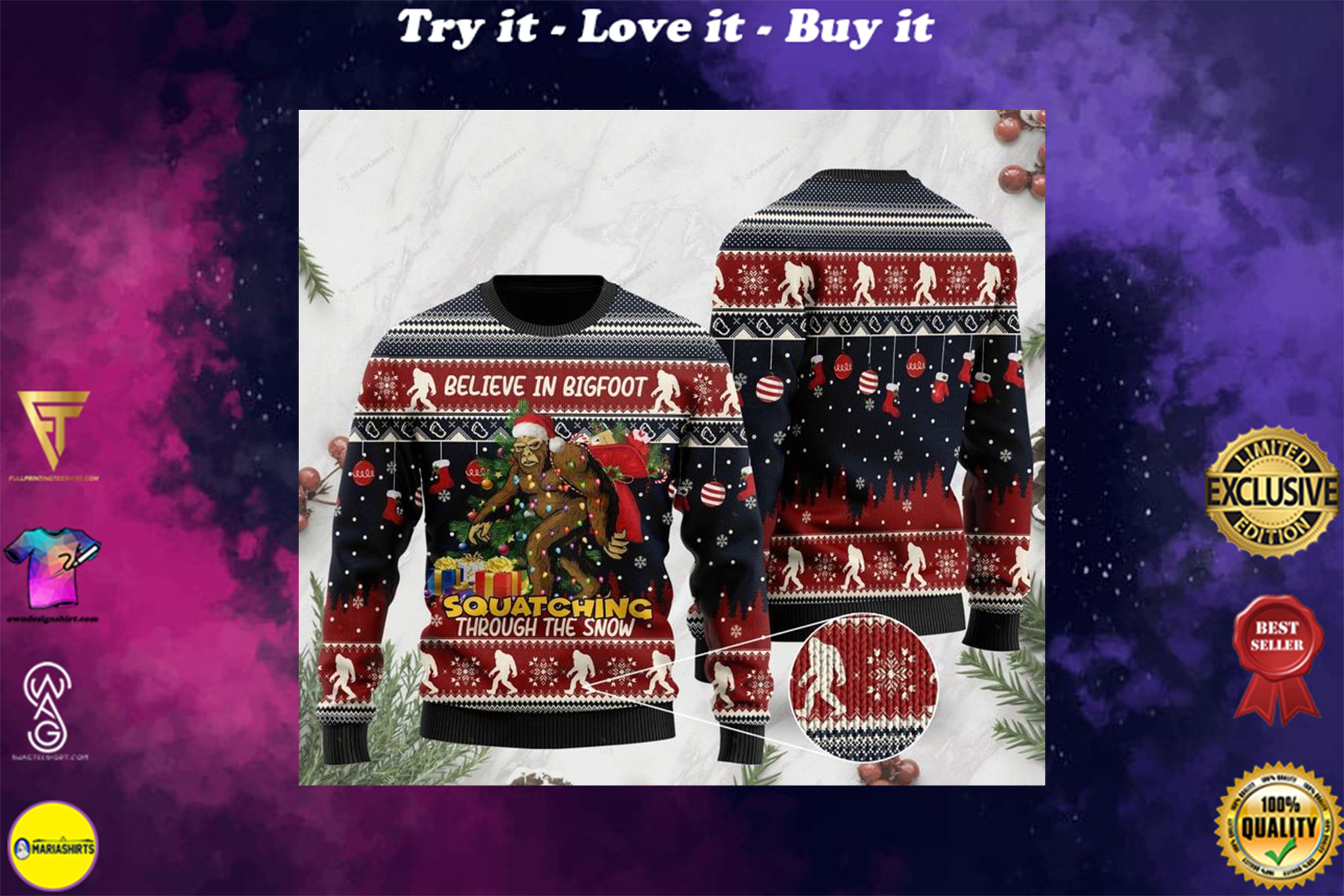 believe in bigfoot squat ching through the snow ugly christmas sweater