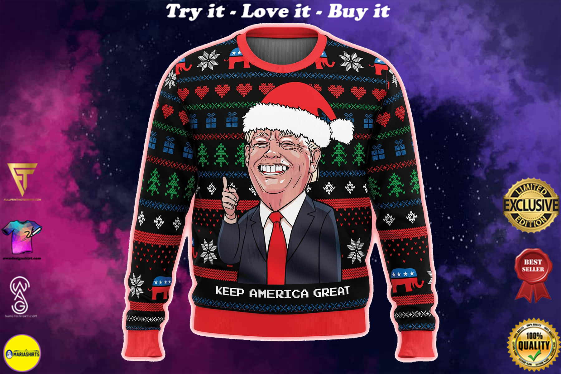 keep america great all over printed ugly christmas sweater