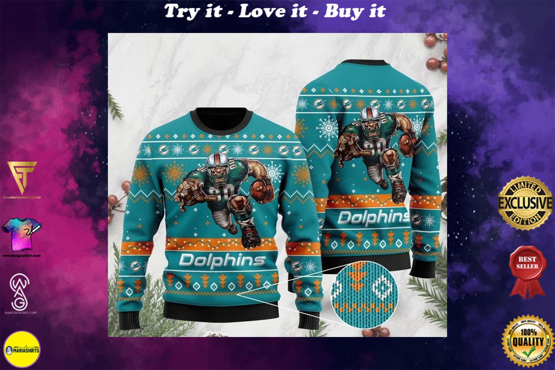 [special edition] the miami dolphins football team christmas ugly sweater – maria