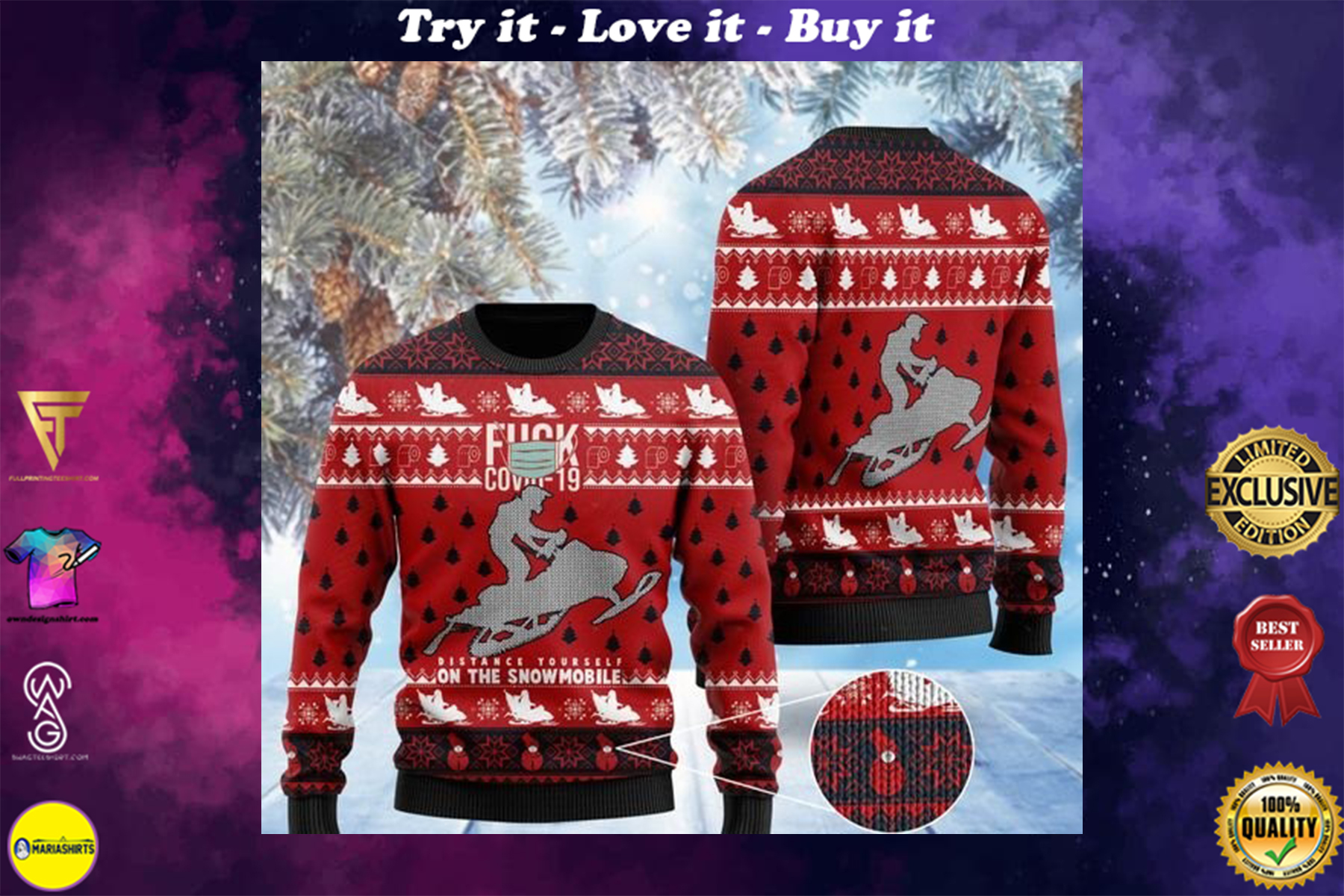 fuck covid distance yourself on the snowmobile 2020 ugly sweater
