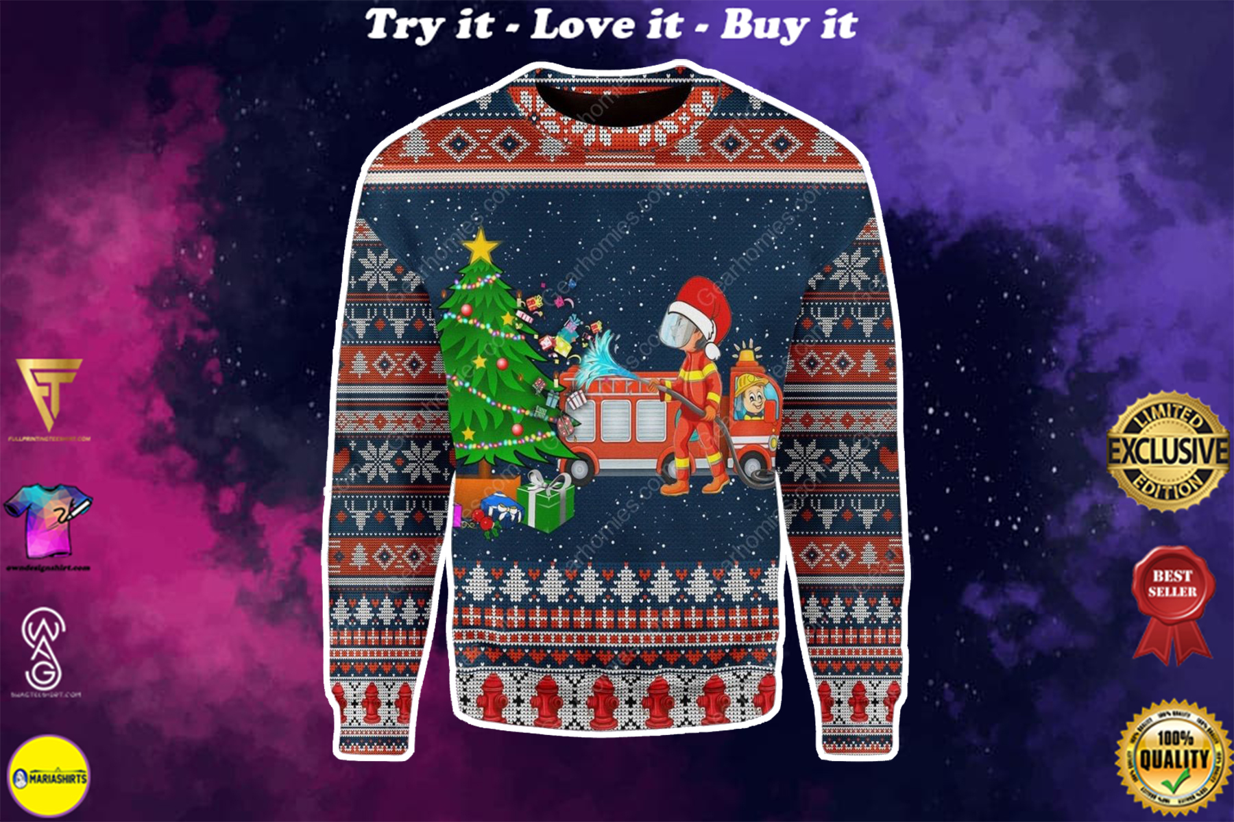santa firefighter presents all over printed ugly christmas sweater