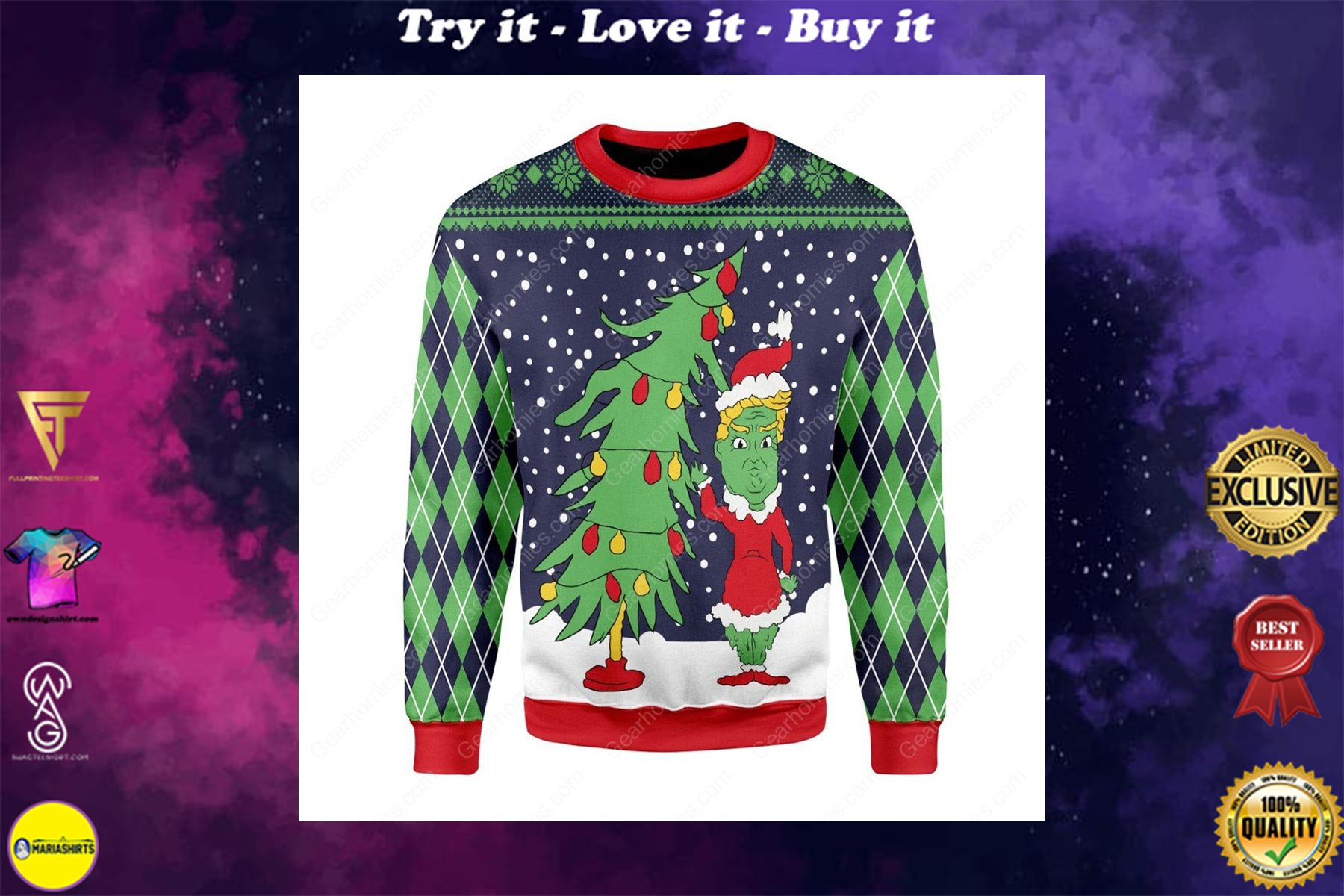 the grinch and christmas tree all over printed ugly christmas sweater