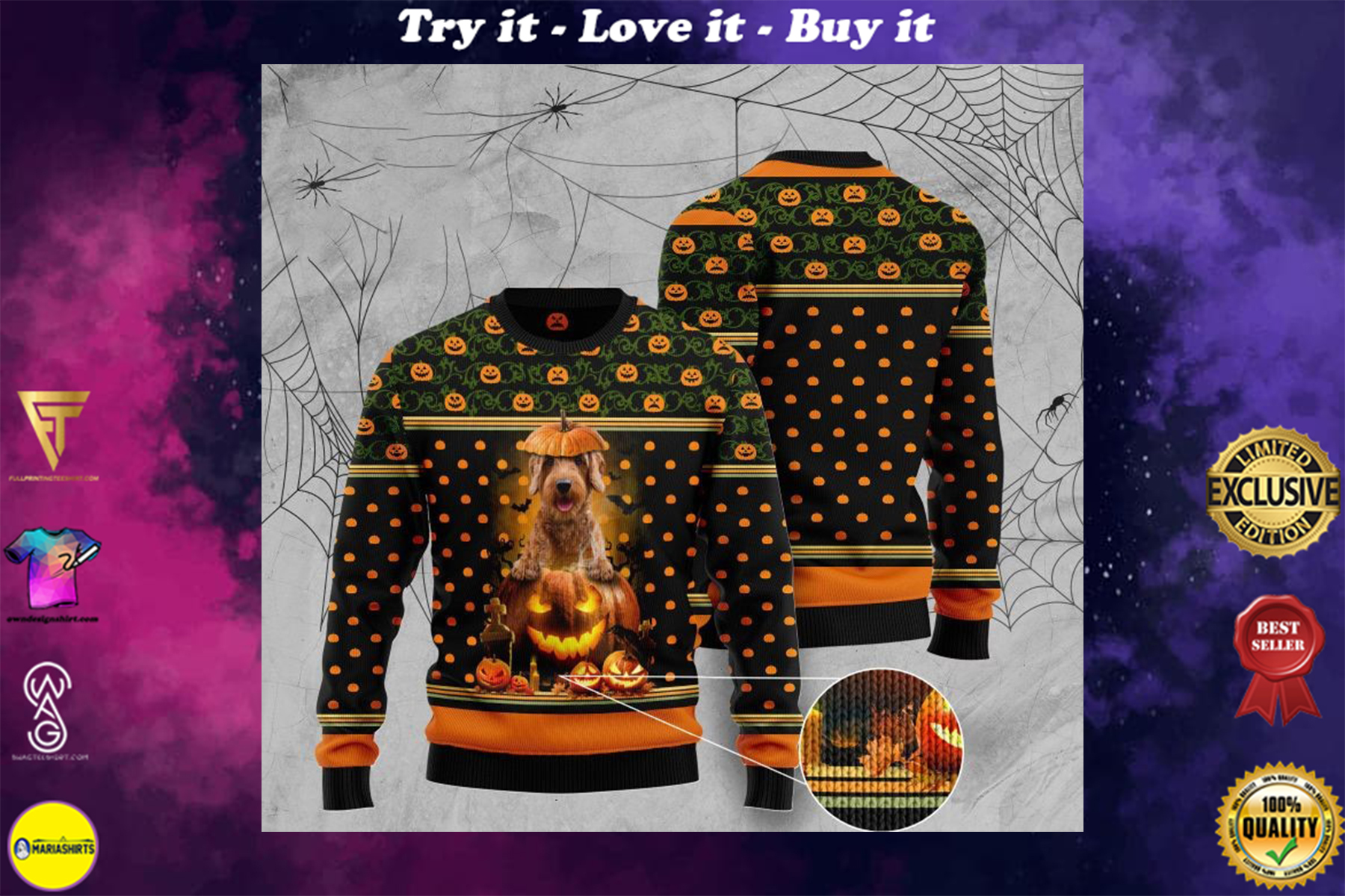 halloween goldendoodle and pumpkin full printing christmas sweater