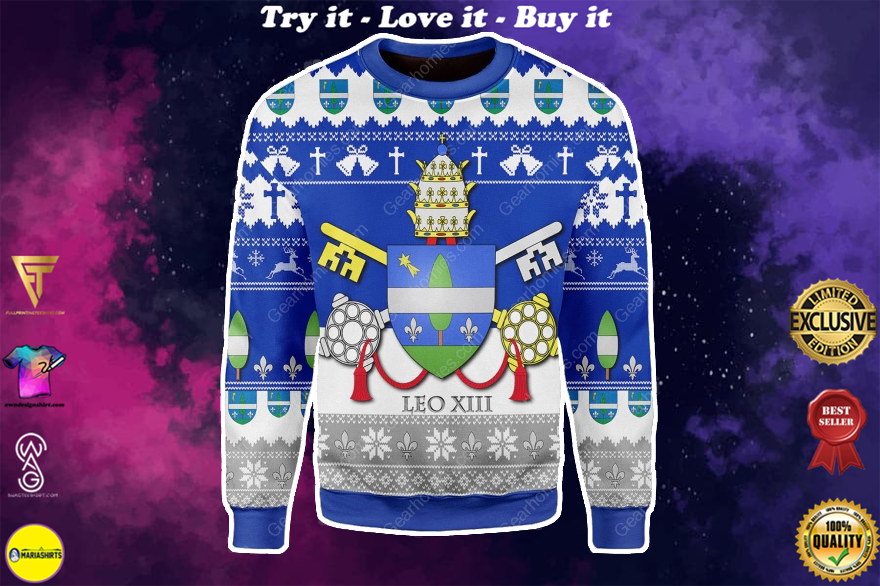coat of arms of pope leo xiii all over printed ugly christmas sweater