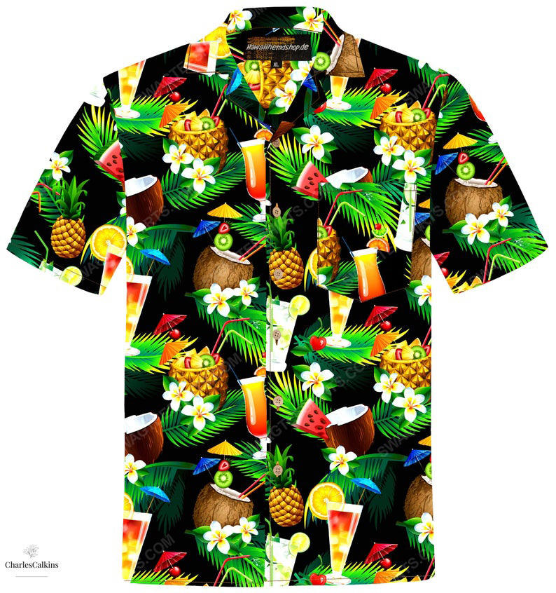 Cocktails palm coconut tropical fruits summer vacation hawaiian shirt 1