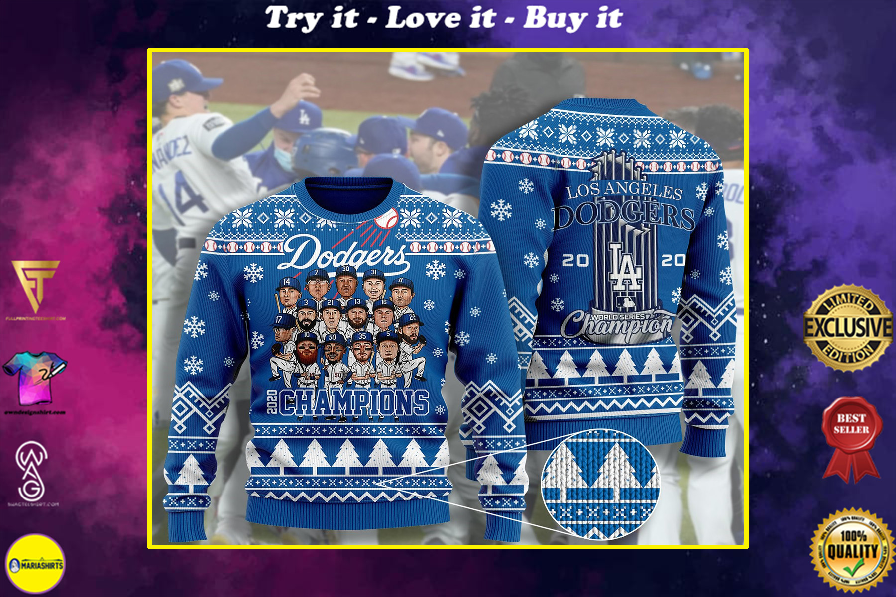 los angeles dodgers champions 2020 ugly christmas sweater