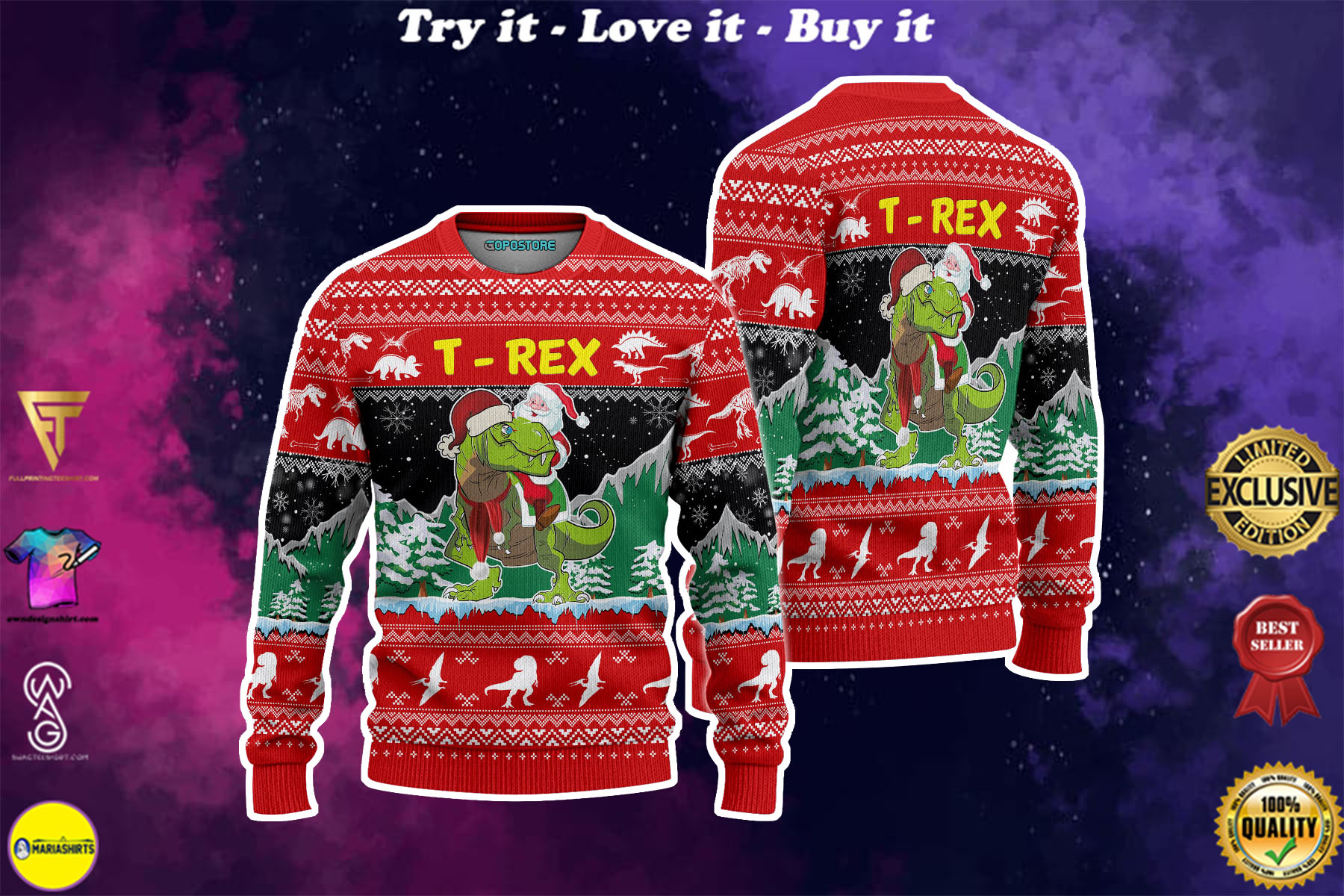 [special edition] santa riding t-rex all over printed ugly christmas sweater – maria