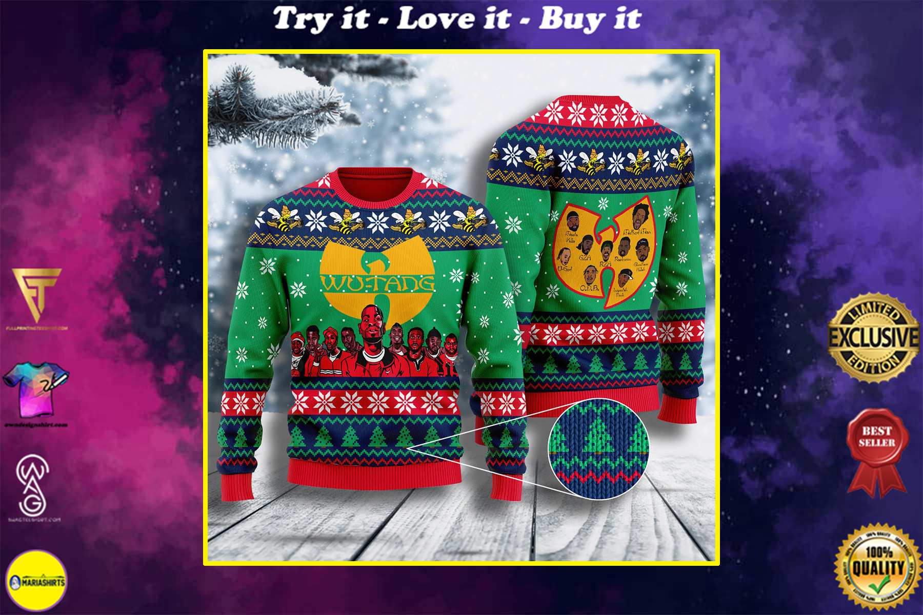 wu tang clan all over printed ugly christmas sweater
