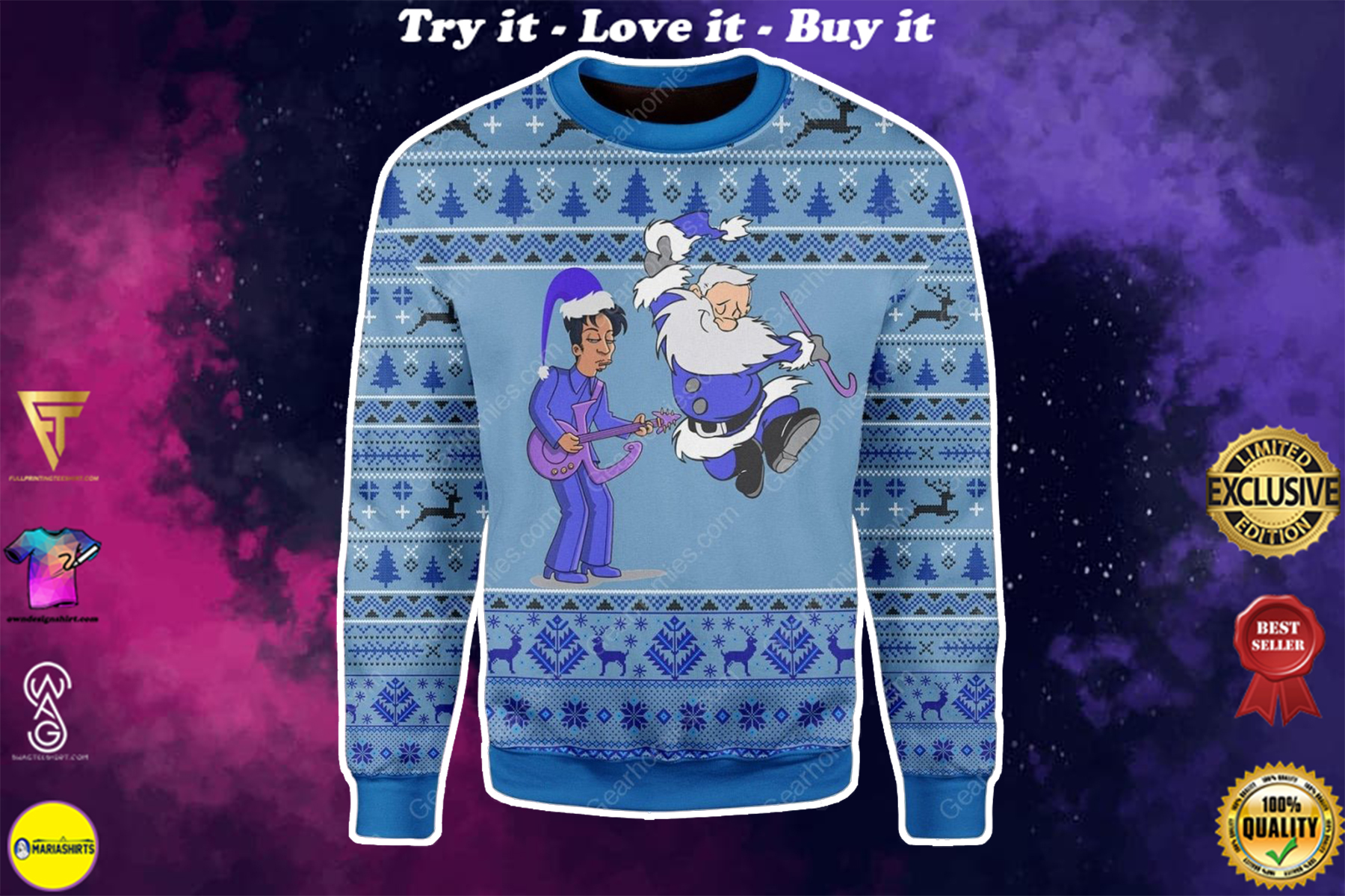 prince rogers nelson and santa claus all over printed ugly christmas sweater