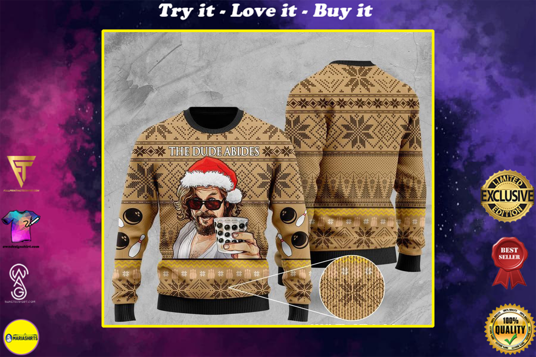 [special edition] the dude abides the big lebowski all over printed ugly christmas sweater – maria