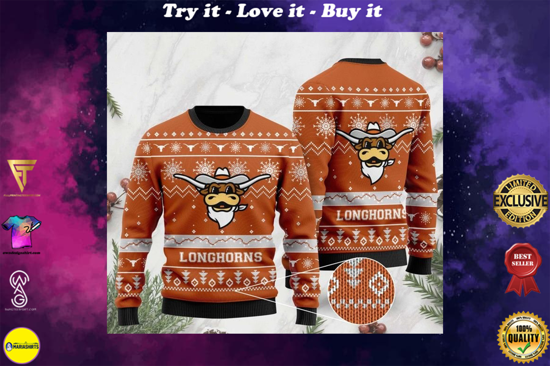 [special edition] the texas longhorns football christmas ugly sweater – maria