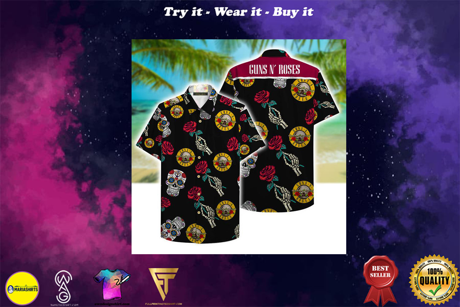 guns n roses and sugar skull aloha tropical full printing hawaiian shirt