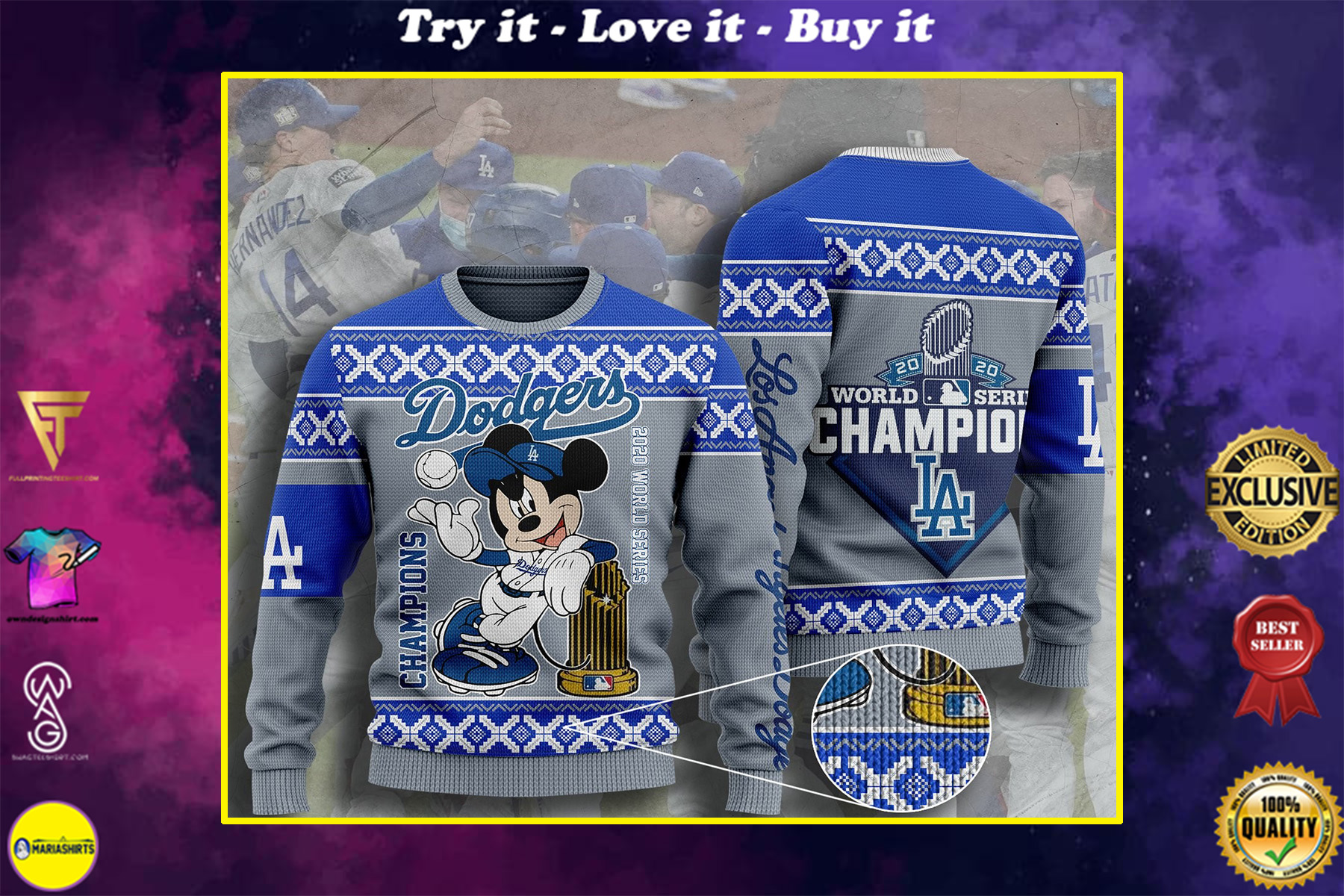 [special edition] los angeles dodgers champions mickey mouse ugly christmas sweater – maria