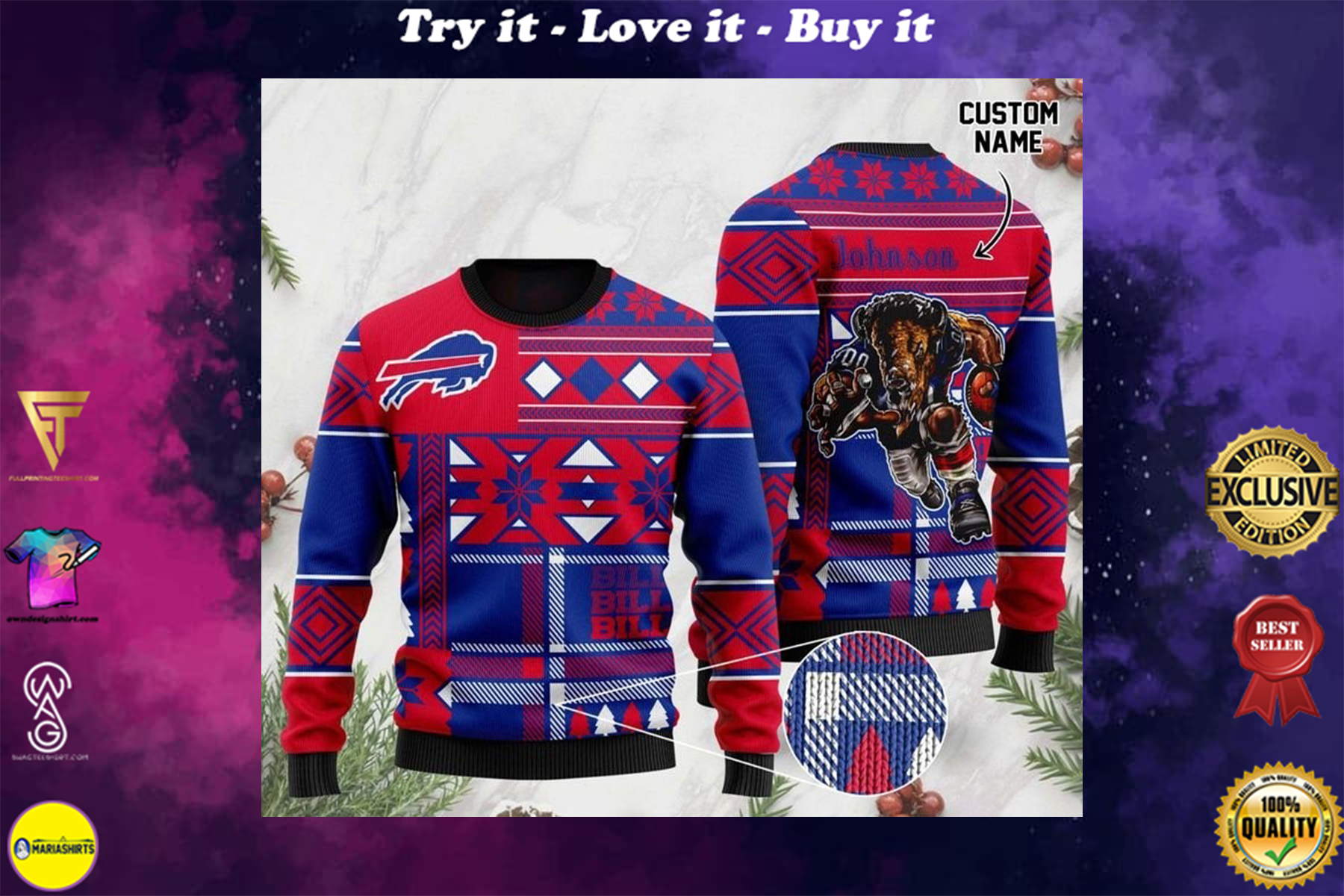 [special edition] custome name buffalo bills football team christmas ugly sweater – maria