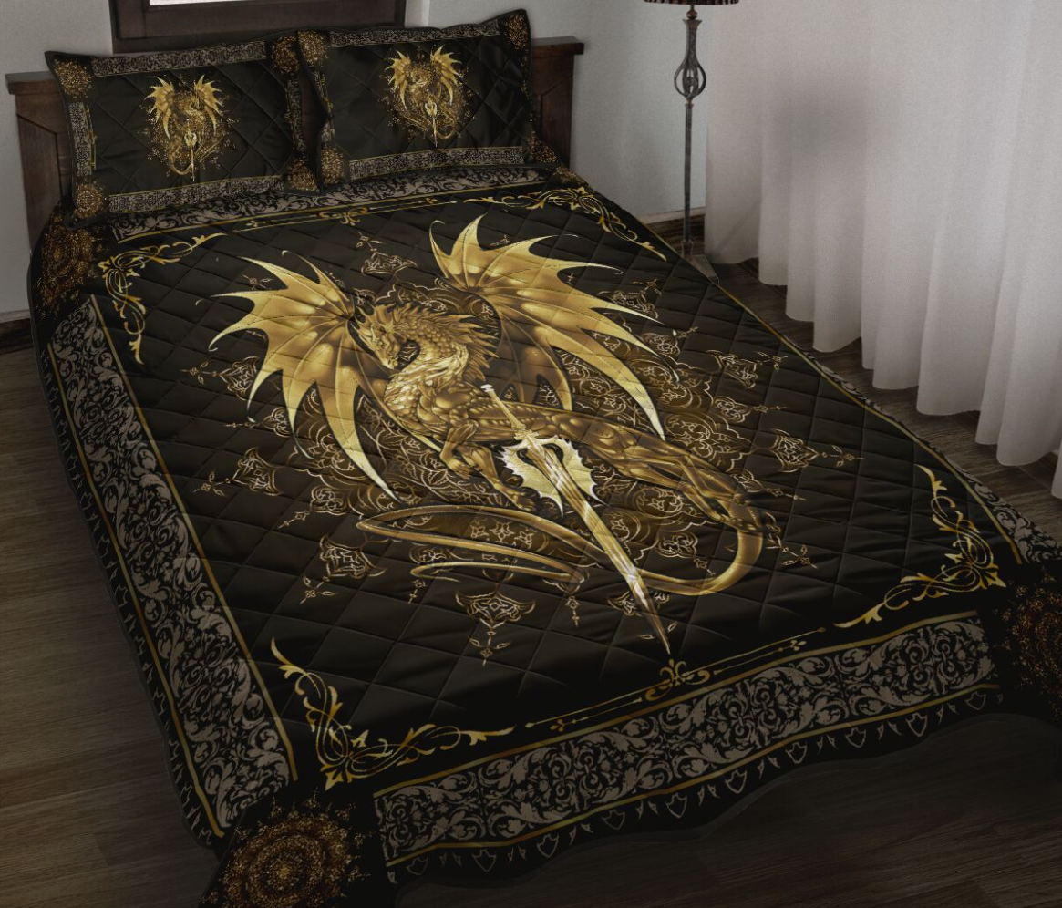 Dragon motif gold bedding set