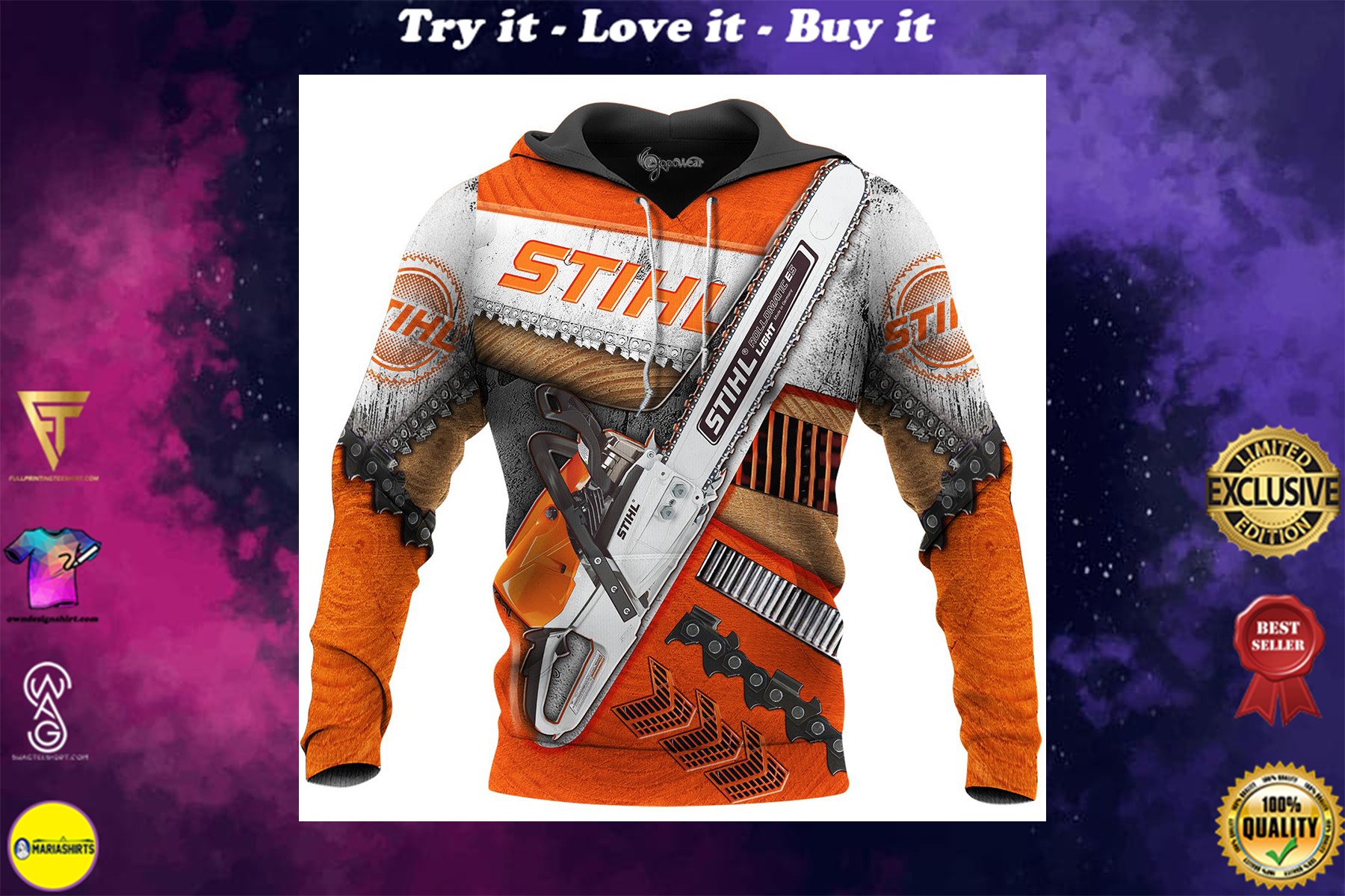 [special edition] beautiful stihl chainsaw full over printed shirt – maria