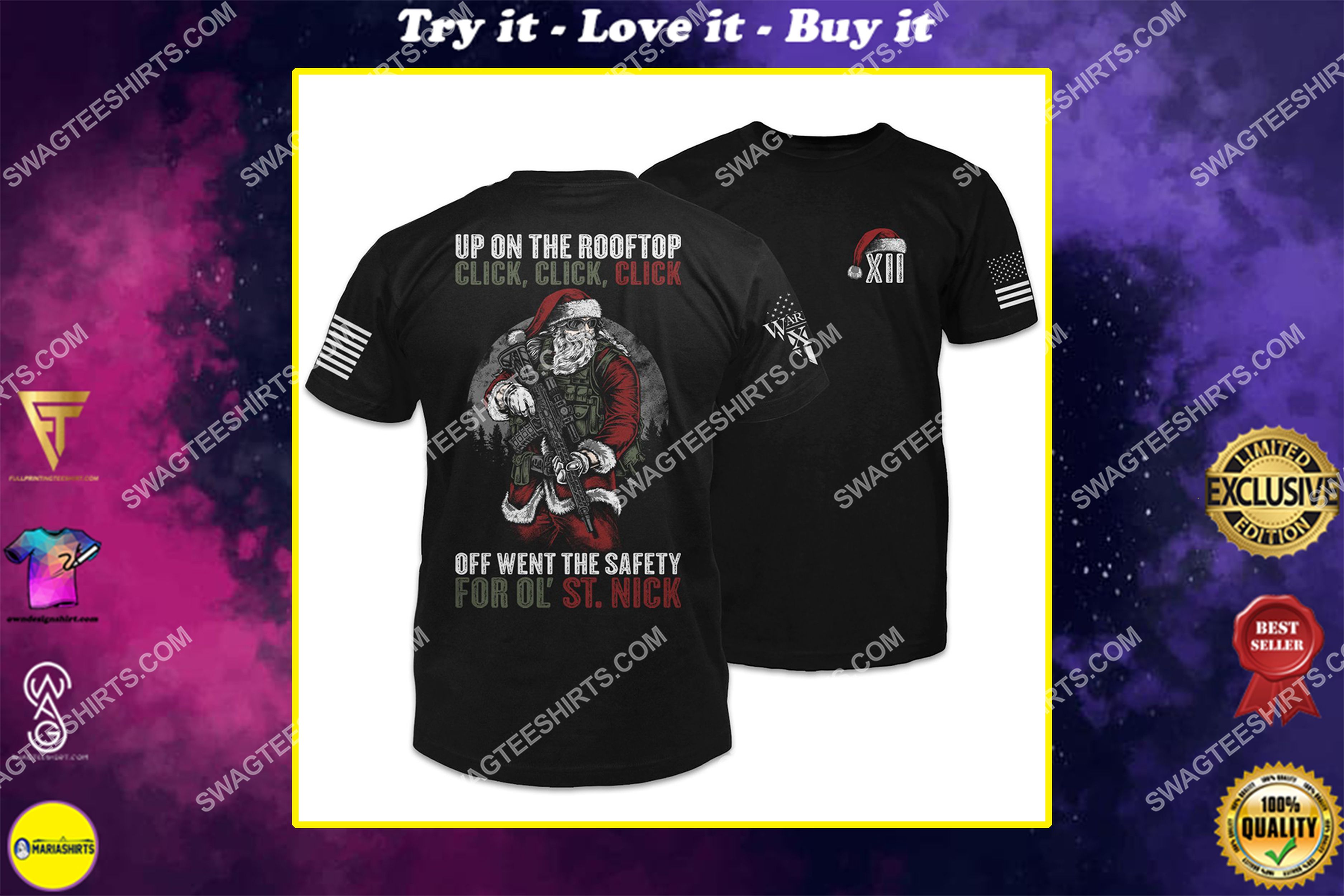 [special edition] up on the rooftop off went the safety for ol’ st nick santa on patrol shirt – maria