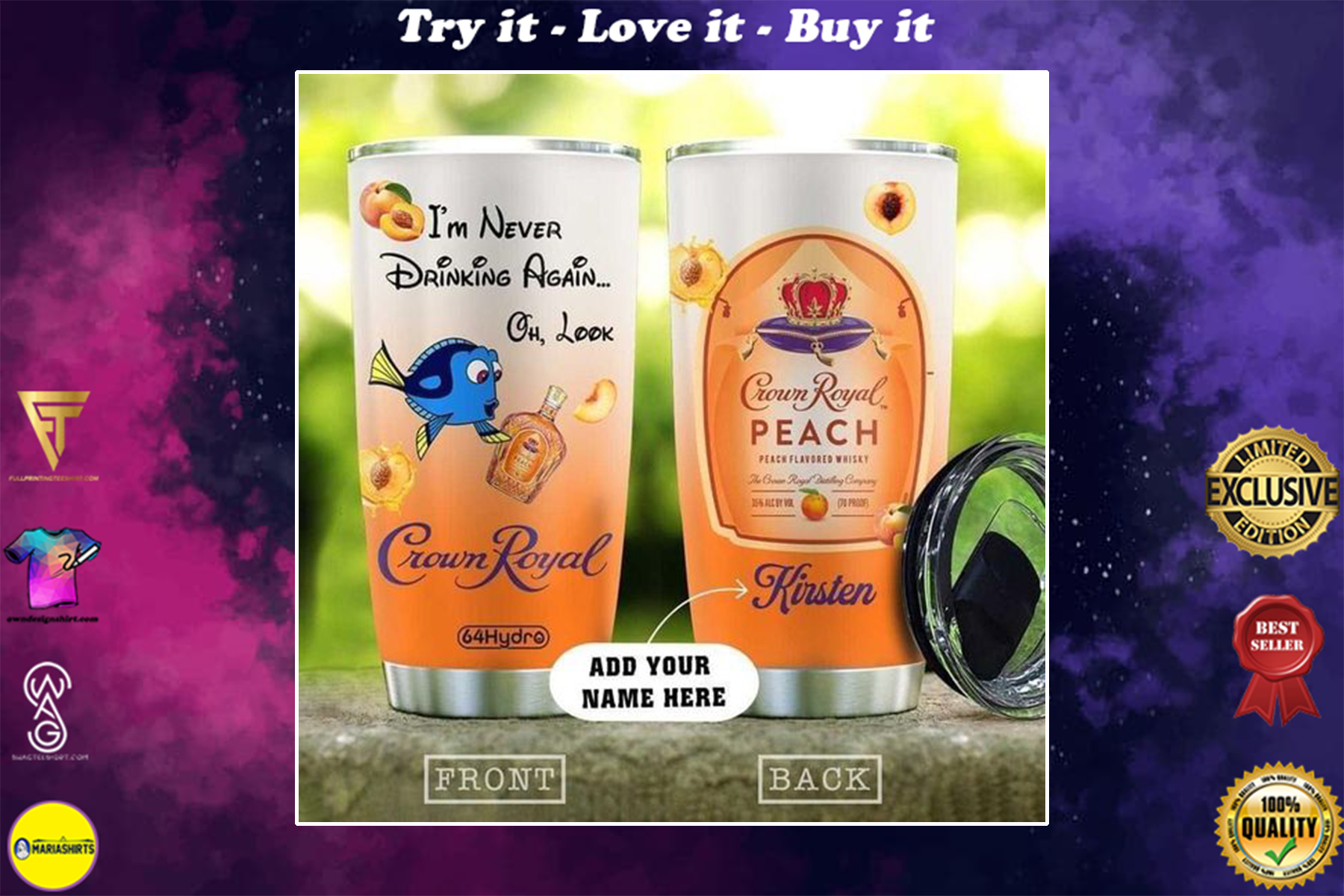 [special edition] custom name dory and crown royal peach flavored whiskey tumbler – maria
