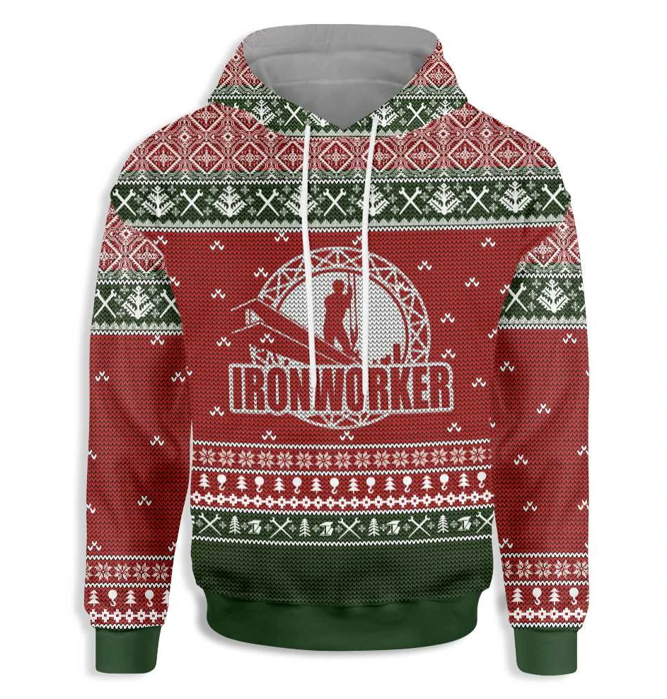 Ironworker all over printed 3D ugly christmas hoodie 1