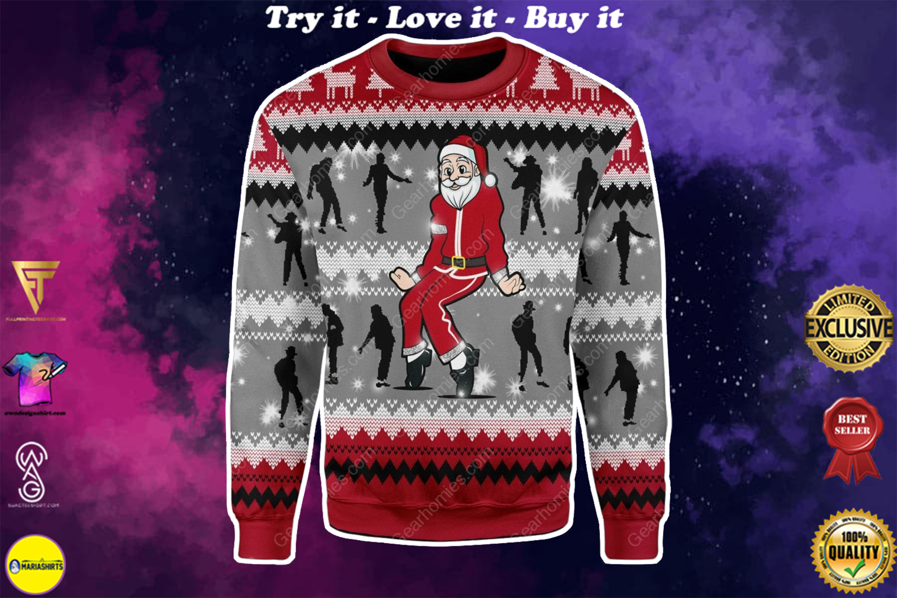 santa claus dancing michael jackson all over printed ugly christmas sweater