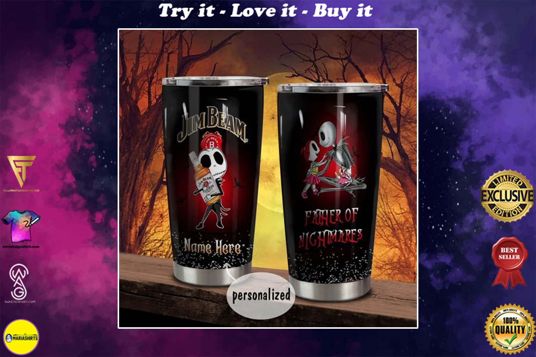 [special edition] custom name jack skellington and jim beam bourbon whiskey tumbler – maria