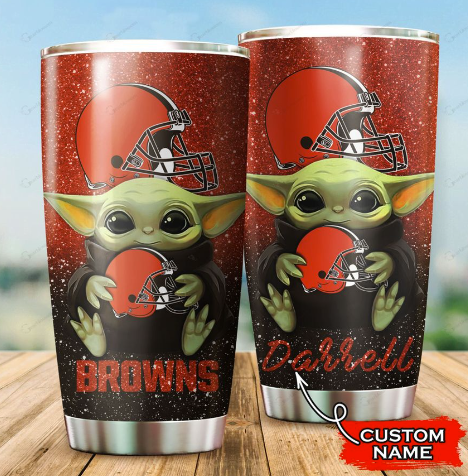 Personalized Baby Yoda hug Cleveland Browns tumbler