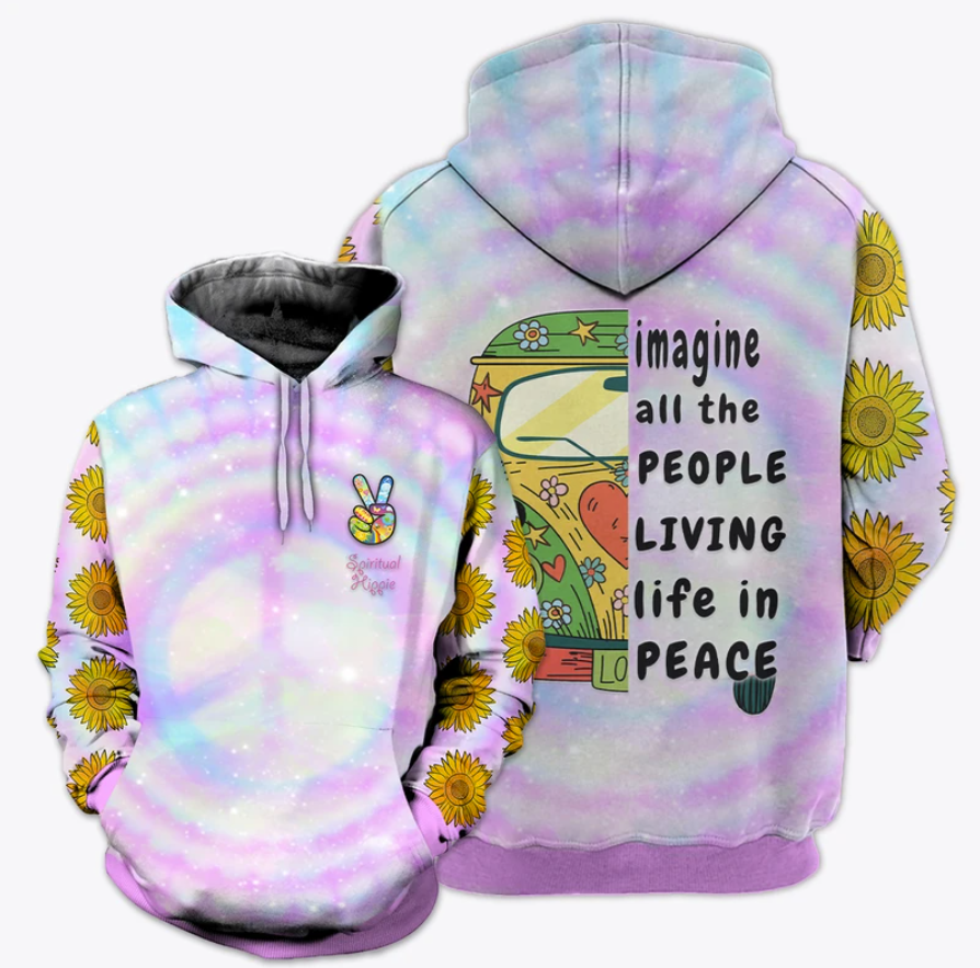 Hippie sunflower imagine all the people living in peace all over printed 3D hoodie