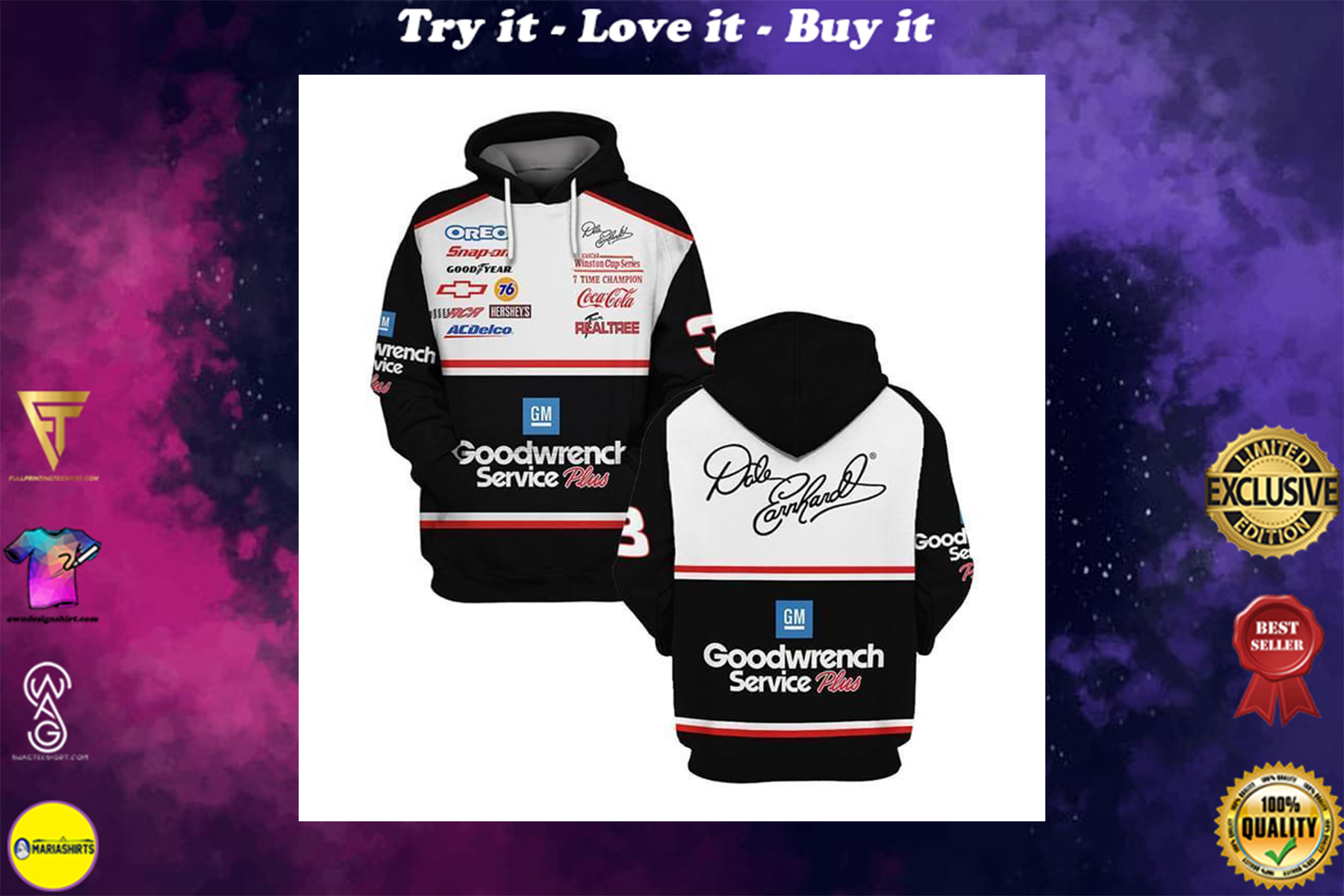 [special edition] dale earnhardt signature goodwrench service plus full over printed shirt – maria